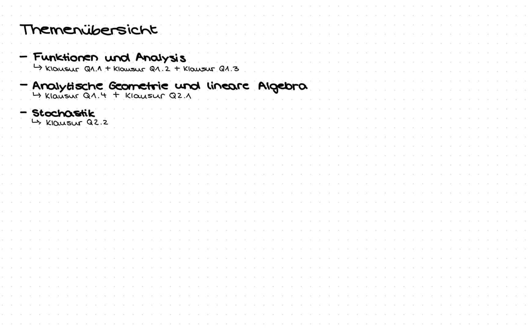 # Mathe Abitur
Stufe Q2
2021/2022
Abitur # Themenübersicht
- Funktionen und Analysis
- Klausur Q1.1 + Klausur Q1.2 + Klausur Q1.3
- A