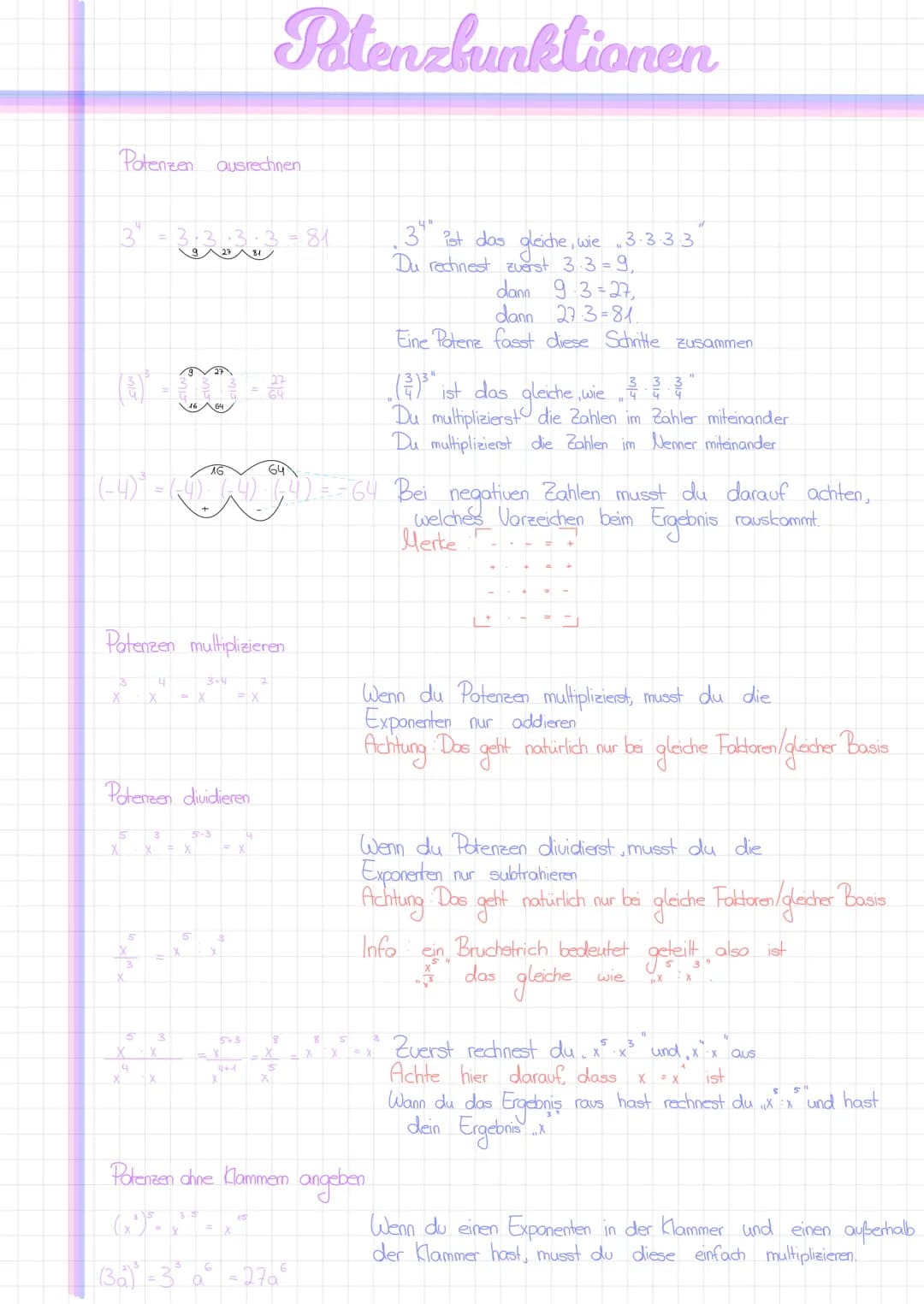 # Potenzfunktionen
zweiter erster
Quadrant Quadrant
dritter Vierter
Quadrant Quadrant
Funktion f(x) = x^
x = Basis
n = Exponent
}
x = Po