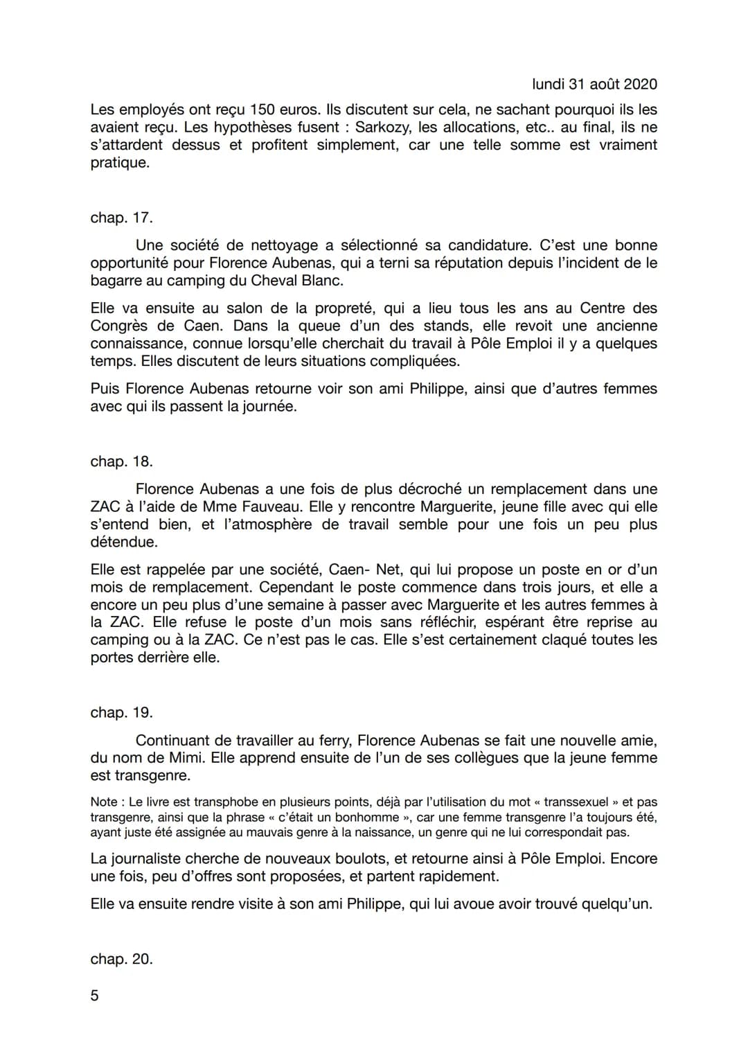 lundi 31 août 2020
Fiche de lecture; Le quai de Ouistreham, Florence
Aubenas
Perle Fainas-Martin
Florence Aubenas est journaliste. Elle a