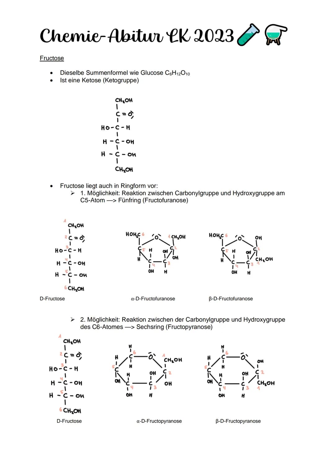 # Chemie-Abitur CK 2023
Kohlenhydrate & Peptide
Monosaccharide:
Glucose
* Monosaccharid
* C6H12O10
* Position Hydroxygruppen an Ch