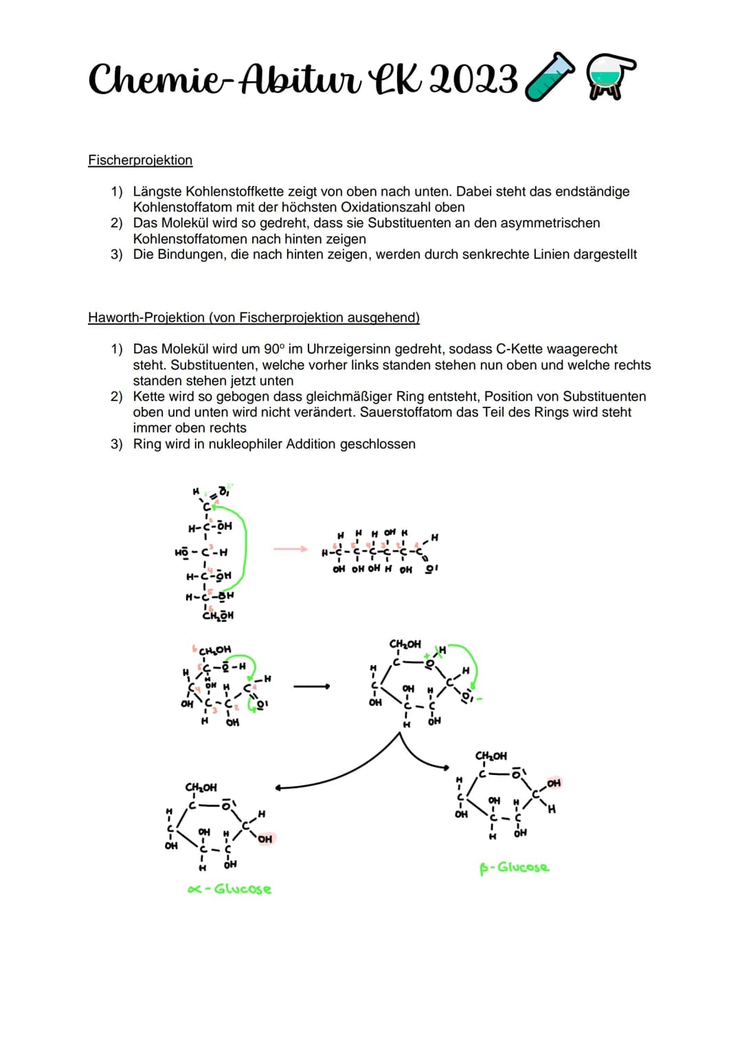 # Chemie-Abitur CK 2023
Kohlenhydrate & Peptide
Monosaccharide:
Glucose
* Monosaccharid
* C6H12O10
* Position Hydroxygruppen an Ch