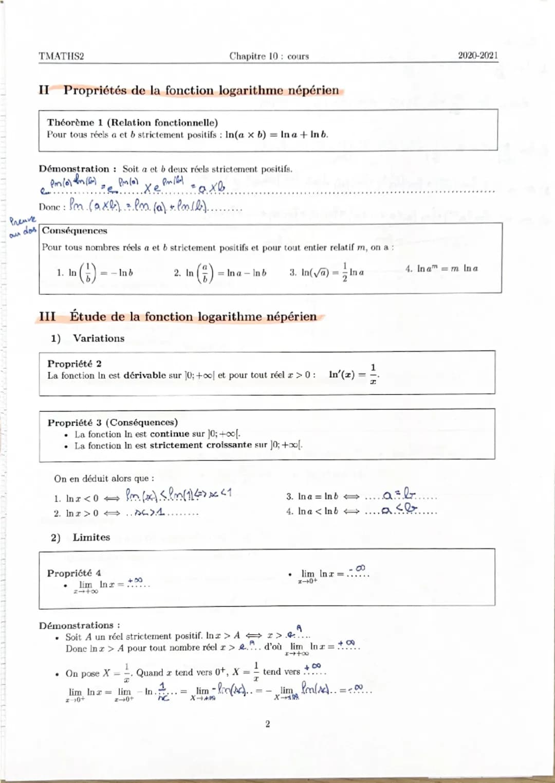 TMATHS2
Chapitre 10 : cours
2020-2021
Fonction logarithme népérien
I La fonction logarithme népérien
La fonction exponentielle est continue,