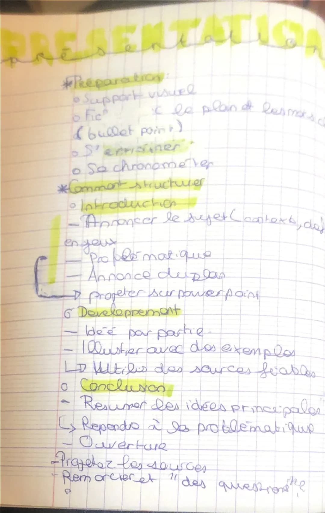 RAESENTATIO
*Preparation:
• Support visuel
Fic
ic le plan et les mox d
(bullet point)
• S'ertisiner
• Sa chronometer
*Comment structurer
In