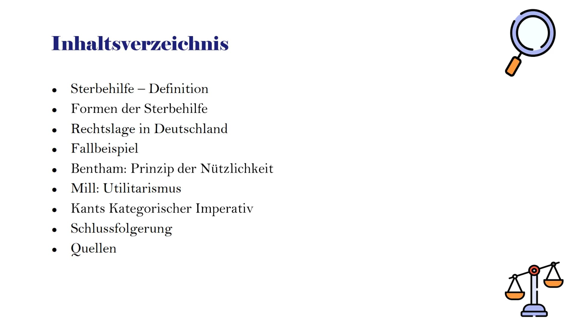 # Ethisches
## Fallbeispiel:
## Sterbehilfe
Kantische Ethik und Utilitarismus # Inhaltsverzeichnis
- Sterbehilfe – Definition
- Formen der