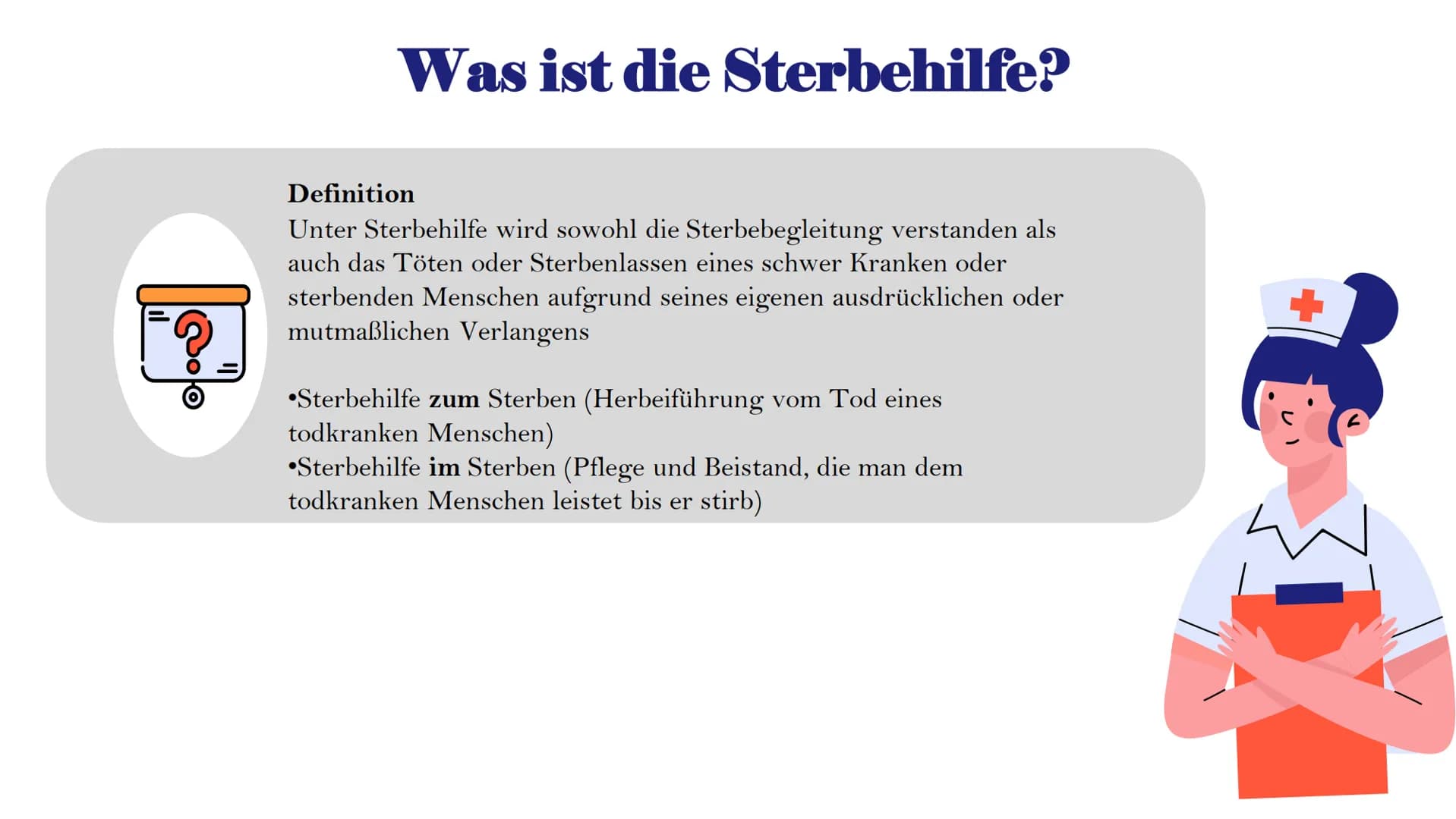 # Ethisches
## Fallbeispiel:
## Sterbehilfe
Kantische Ethik und Utilitarismus # Inhaltsverzeichnis
- Sterbehilfe – Definition
- Formen der