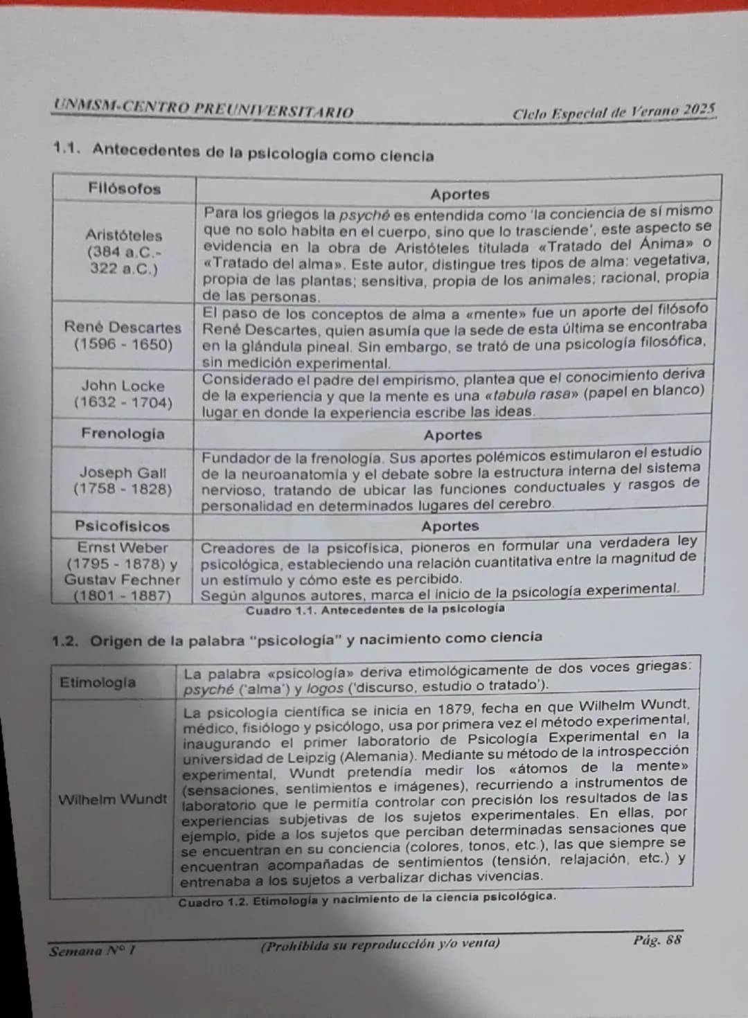 UNMSM-CENTRO PREUNIVERSITARIO
1. ORÍGENES DE LA PSICOLOGÍA
LA PSICOLOGÍA
COMO CIENCIA
Antecedentes
Aristóteles
Descartes
Wundt
Ciclo Es