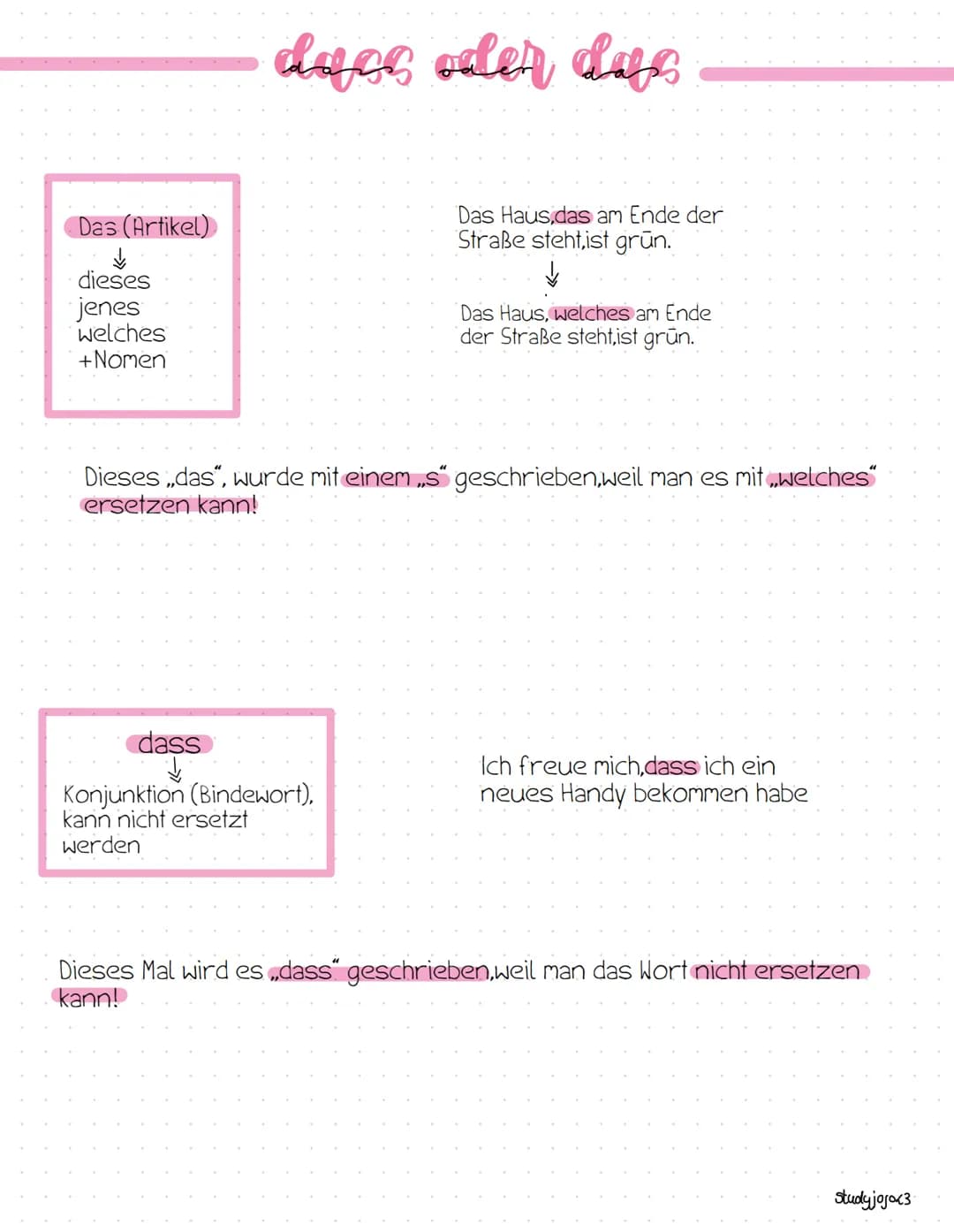 # dass oder das
Das (Artikel)
↓
dieses
jenes
welches
+Nomen
Das Haus, das am Ende der
Straße steht,ist grūn.
↓
Das Haus, welches am Ende
d
