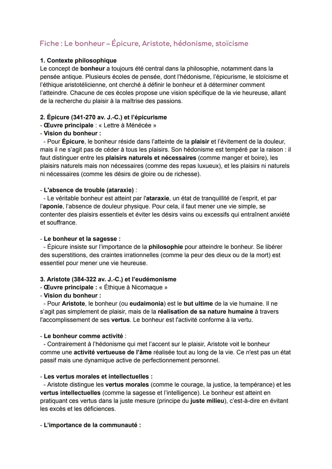 Fiche: Le bonheur - Épicure, Aristote, hédonisme, stoïcisme
1. Contexte philosophique
Le concept de bonheur a toujours été central dans la