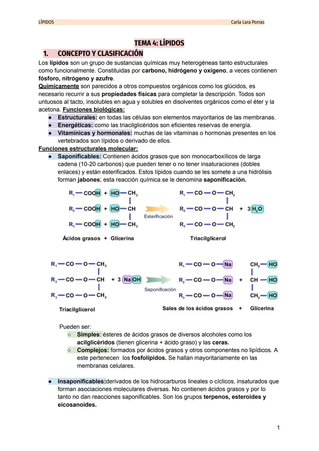 LÍPIDOS
Carla Lara Porras
TEMA 4: LÍPIDOS
1. CONCEPTO Y CLASIFICACIÓN
Los lípidos son un grupo de sustancias químicas muy heterogéneas tant