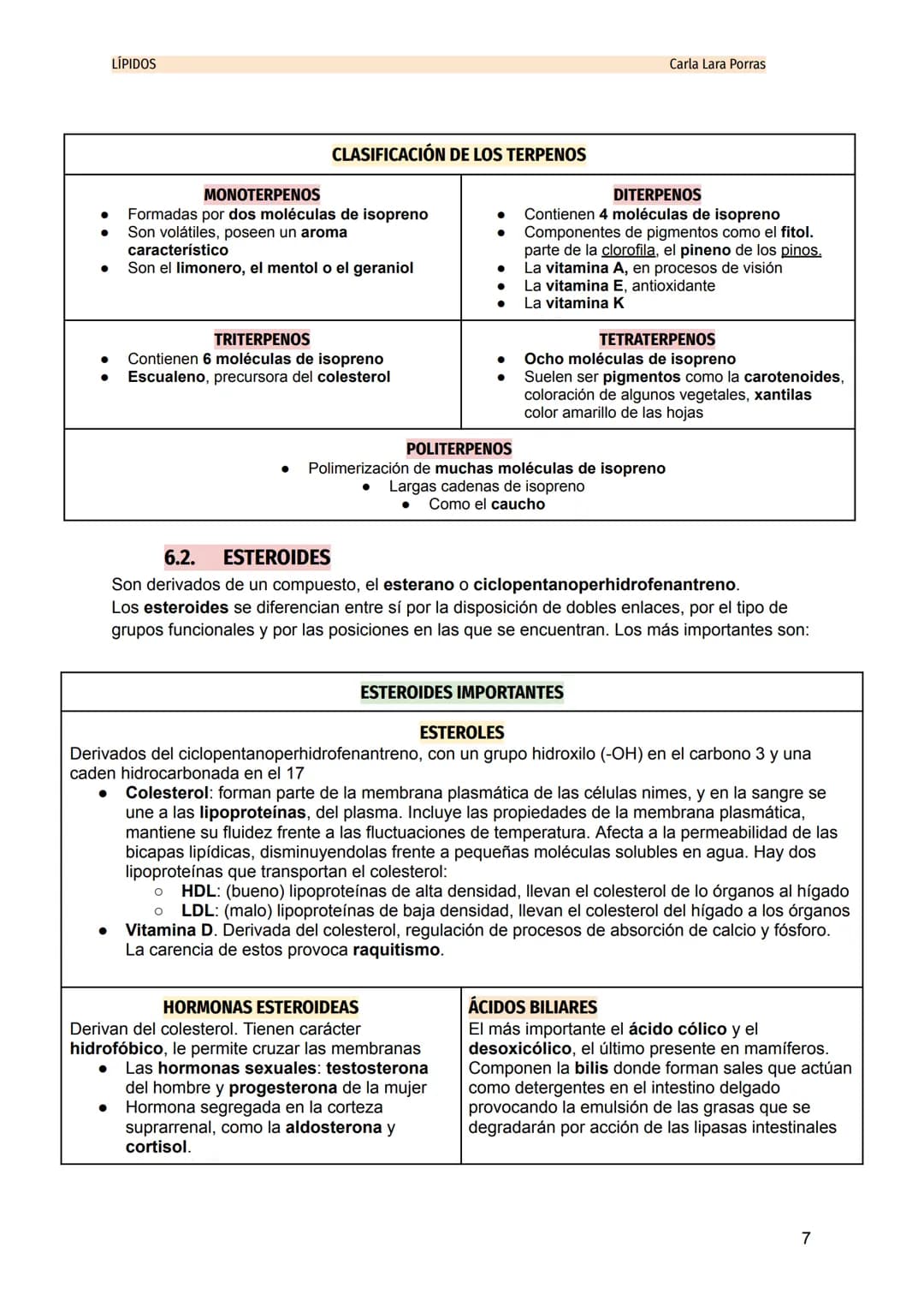 LÍPIDOS
Carla Lara Porras
TEMA 4: LÍPIDOS
1. CONCEPTO Y CLASIFICACIÓN
Los lípidos son un grupo de sustancias químicas muy heterogéneas tant