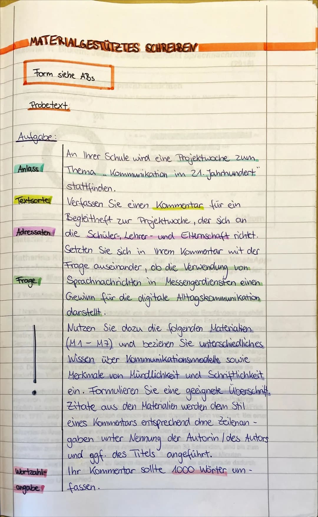 # MATERIALGESTÜTZTES SCHREIBEN
Form siehe ABS
Probetext
Aufgabe:
Anlass
Textsorte
Adressaten
Frage
Wortzahl
angabe
An Ihrer Schule