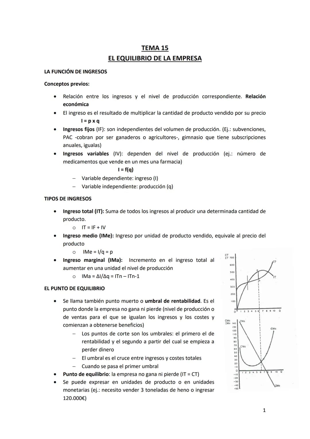 # TEMA 15
## EL EQUILIBRIO DE LA EMPRESA
LA FUNCIÓN DE INGRESOS
Conceptos previos:
* Relación entre los ingresos y el nivel de producci