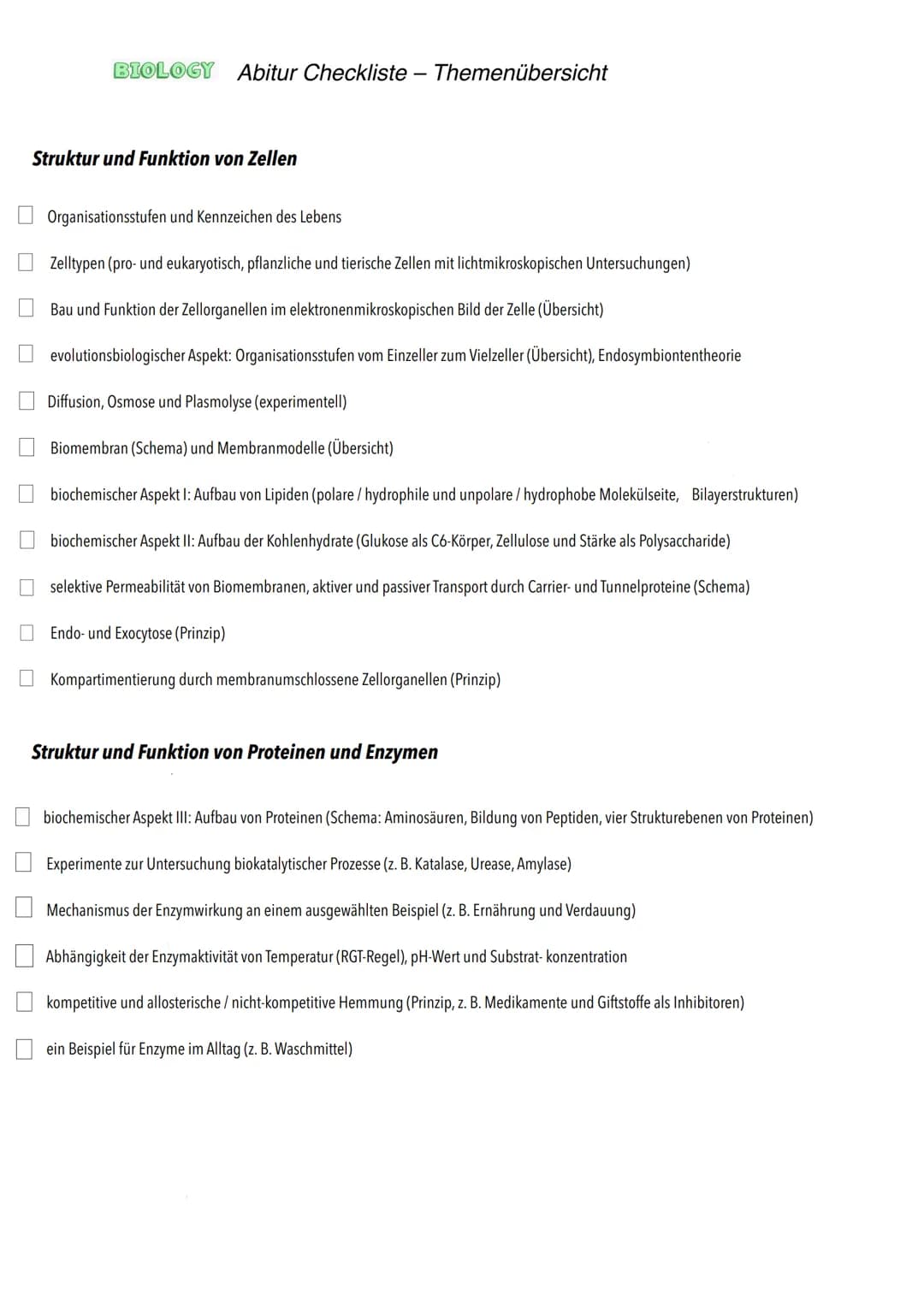 E-Phase
Zellbiologie # BIOLOGY Abitur Checkliste - Themenübersicht
Struktur und Funktion von Zellen
Organisationsstufen und Kennzeichen de