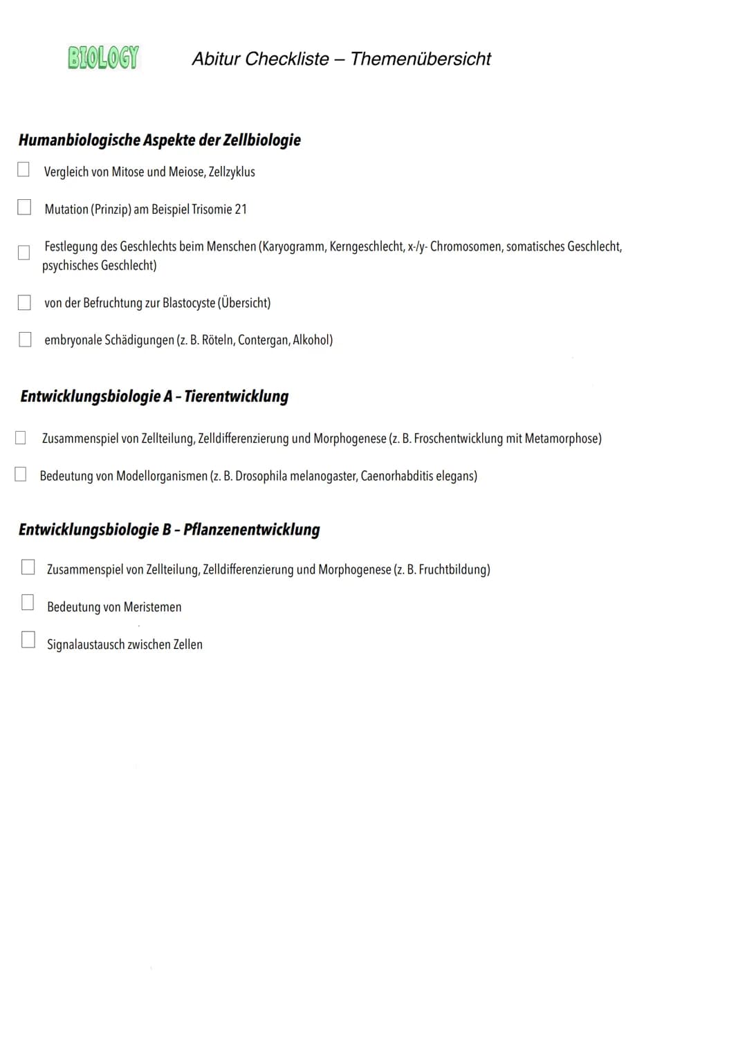 E-Phase
Zellbiologie # BIOLOGY Abitur Checkliste - Themenübersicht
Struktur und Funktion von Zellen
Organisationsstufen und Kennzeichen de