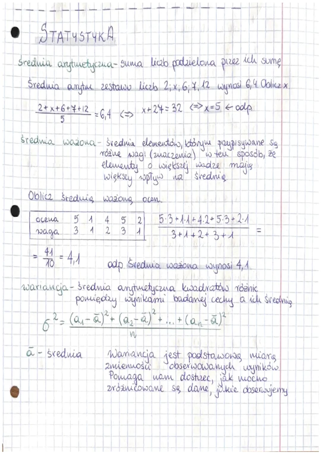 # STATYSTYKA
Średnia arytmetyczna-suma liczb podzielona przez ich sumę
Średnia arytum zestawu liczb 2;x; 6; 7, 12 wynosi 6,4. Oblicz x.
$