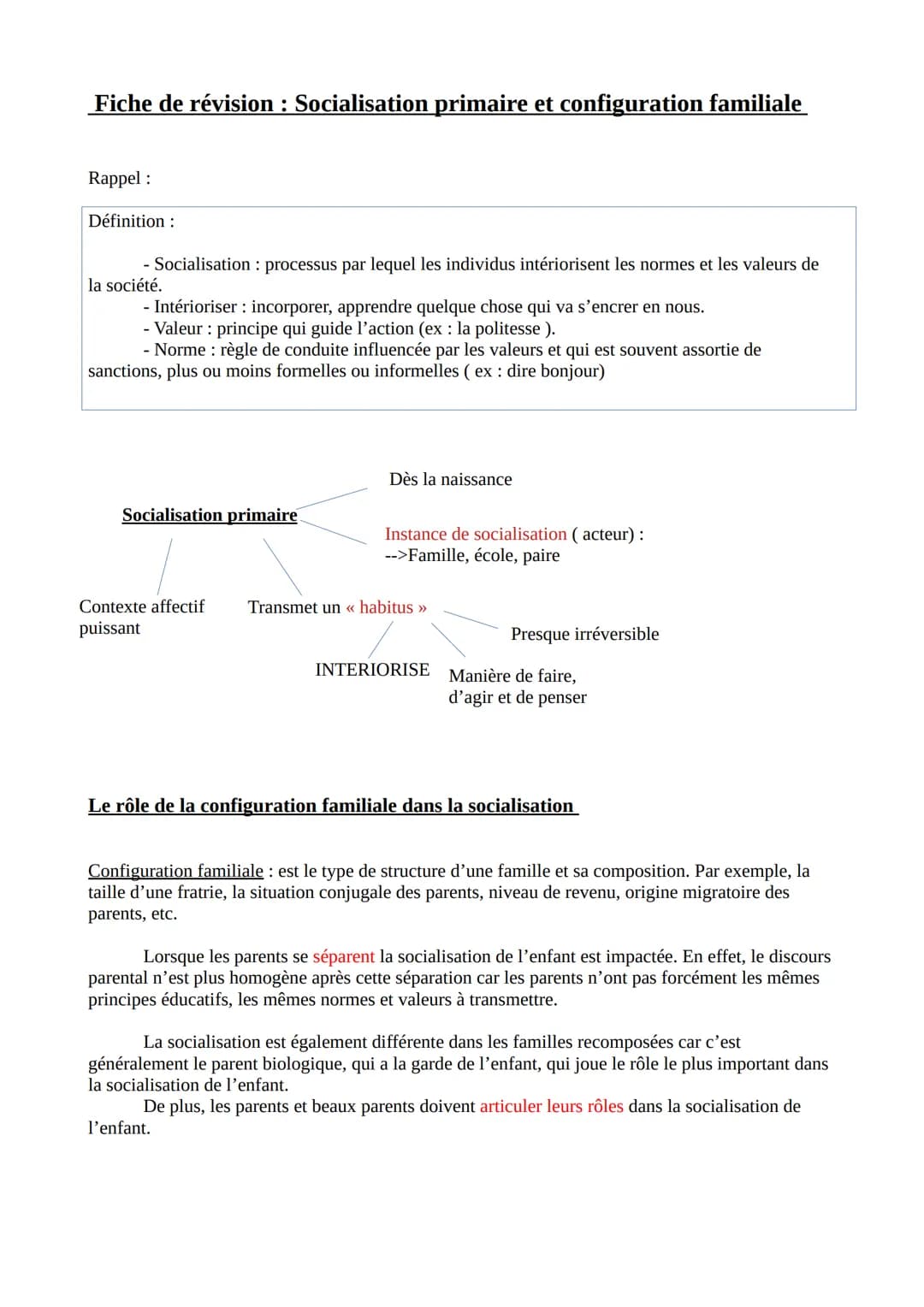 # Fiche de révision: Socialisation primaire et configuration familiale
Rappel :
Définition:
- Socialisation: processus par lequel les ind