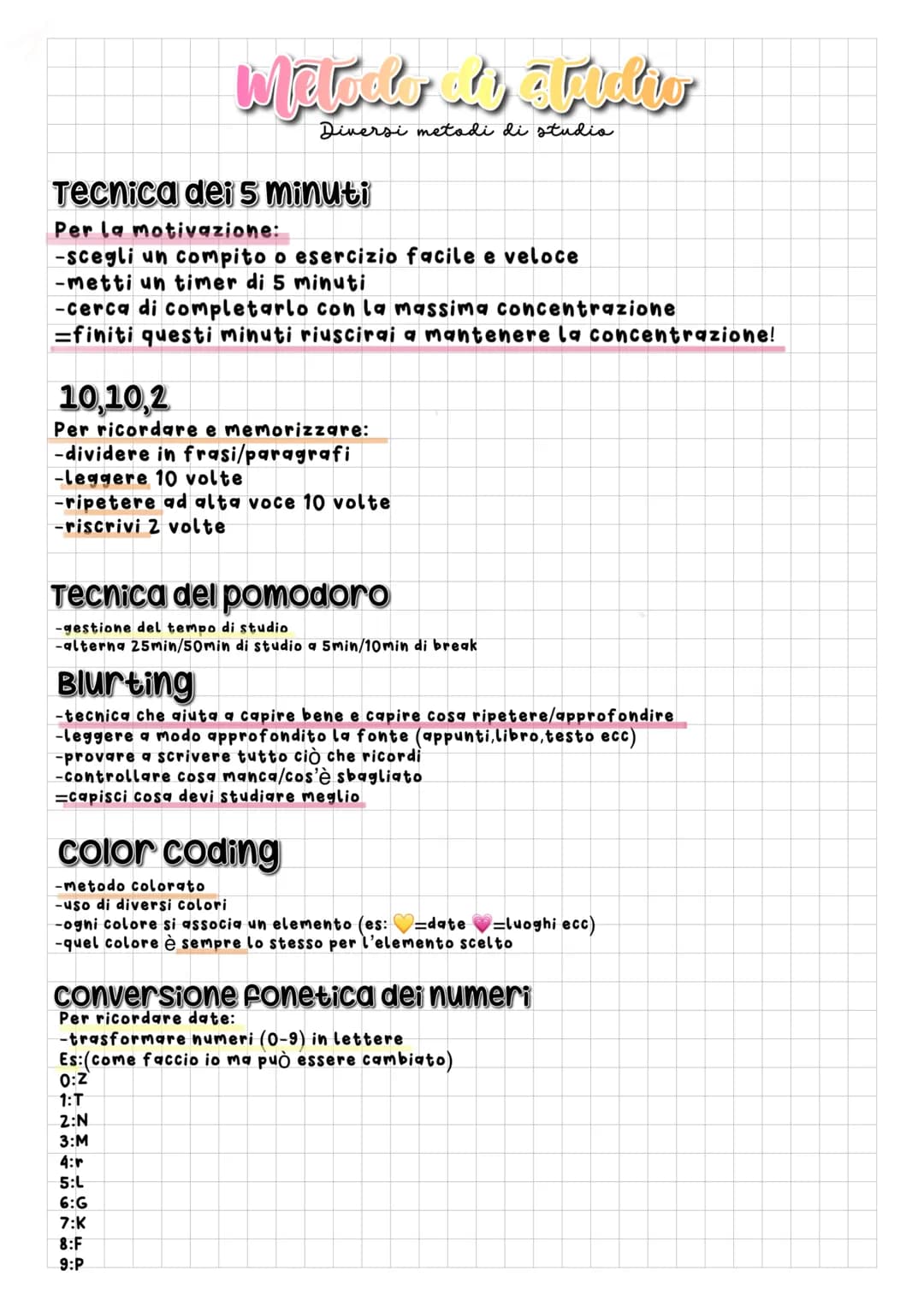 <h2>Metodo dei 5 minuti</h2>
<p>La tecnica dei 5 minuti è utile per mantenere alta la motivazione nello studio. Consiste nel scegliere un c