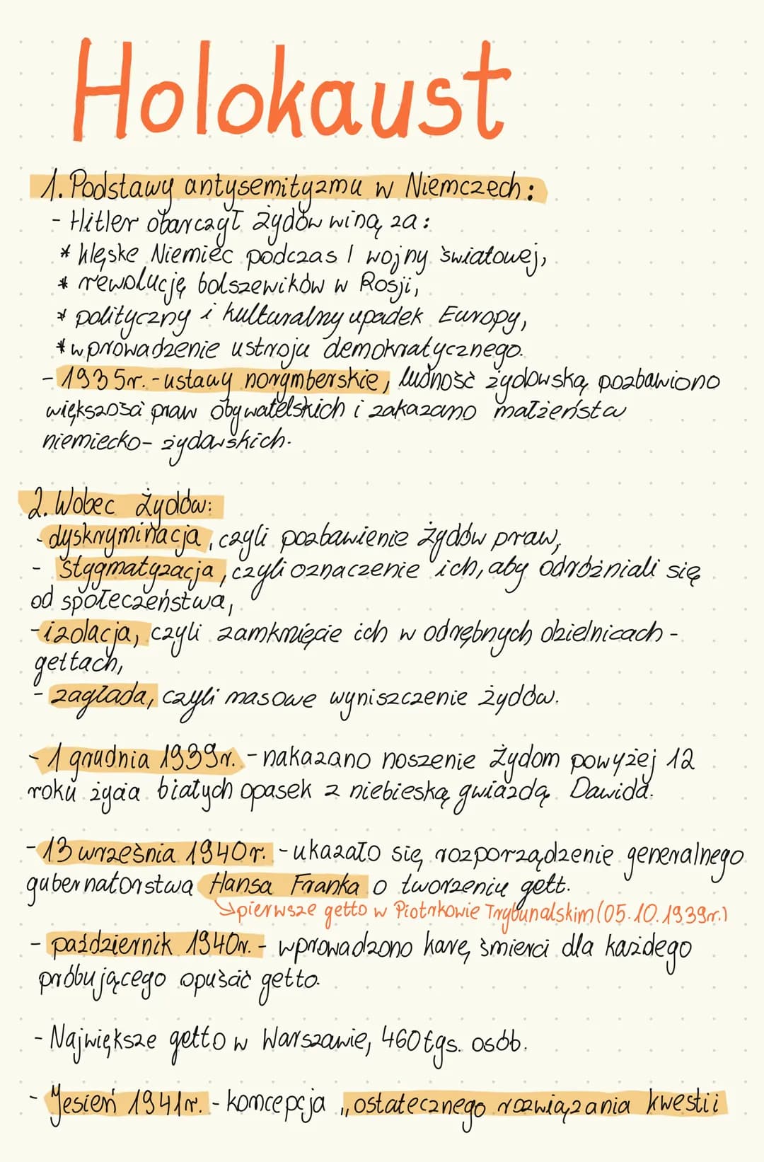 # Holokaust
1. Podstawy antysemityzmu w Niemczech:
- Hitler obarczył Żydow wing za:
* klęske Niemiec podczas I wojny światowej,
* r