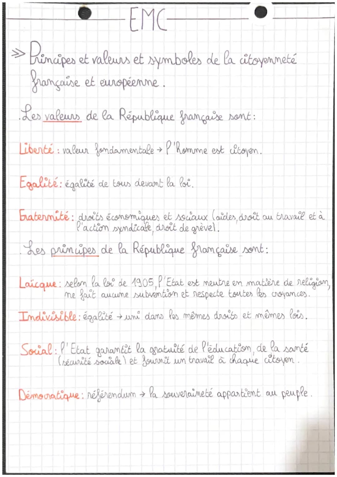 EMC
>> Principes et valeurs et symboles de la citoyenneté
française et européenne.
Les valeurs de la République française sont:
Liberté: