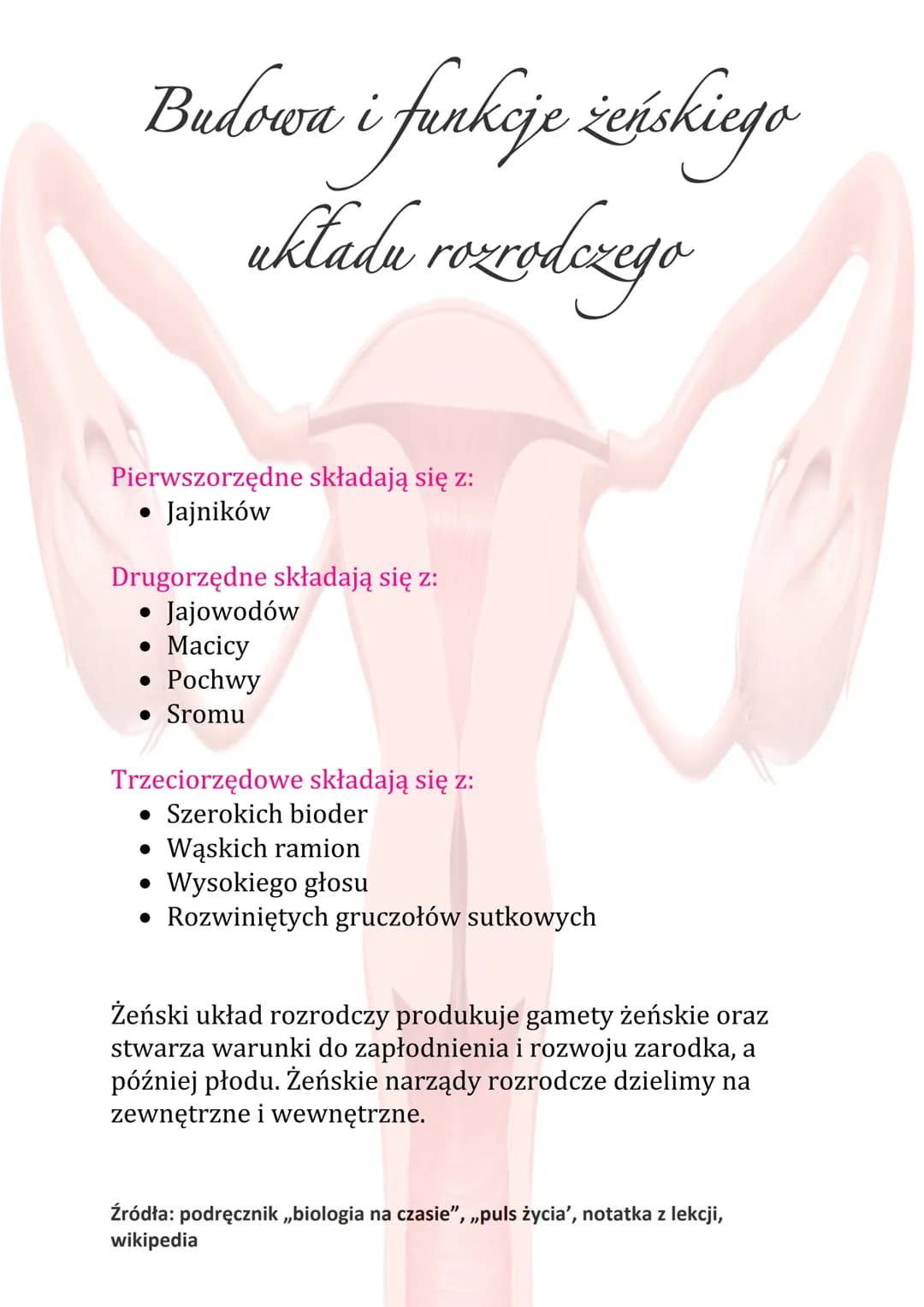 # Budowa i funkcje żeńskiego
układu rozrodczego
Funkcje układu rozrodczego:
- Wytwarzanie komórek rozrodczych
- Wydzielanie hormonów płciow