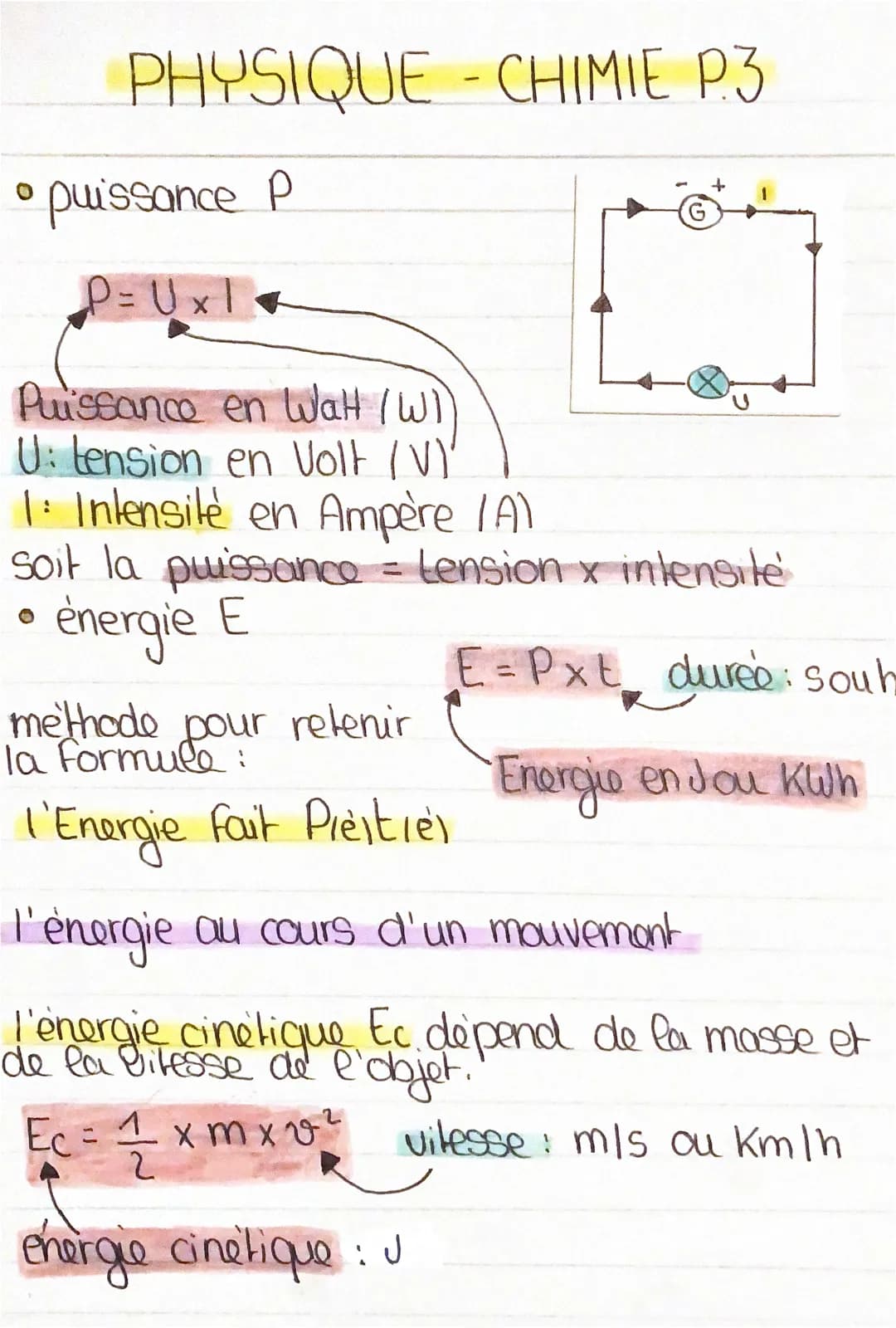 # PHYSIQUE - CHIMIE P.3
* puissance P
$P=U x I$
Puissance en Wat (WI)
U: tension en Volt (V)'
1: Intensité en Ampère (A)
soit la pui