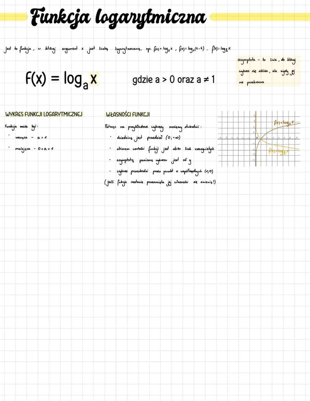 # Funkcja logarytmiczna
Jest to funkcja, w której argument x jest liczbą logarytmowaną, np. $f(x)> log_a x$, $f(x)= log_2(x-4)$. $f(x)=log_