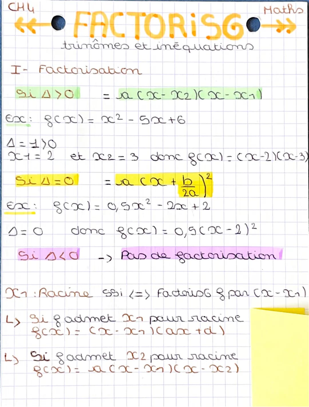 CHU
FACTORISG
trinômes et inē quations
I- Factorisation
SI AYO
= Ja cx-x2xx-x1)
Maths
Ex: gcx) = x²-5x+6
Δ= 110
x1 = 2 et x2 = 3 donc