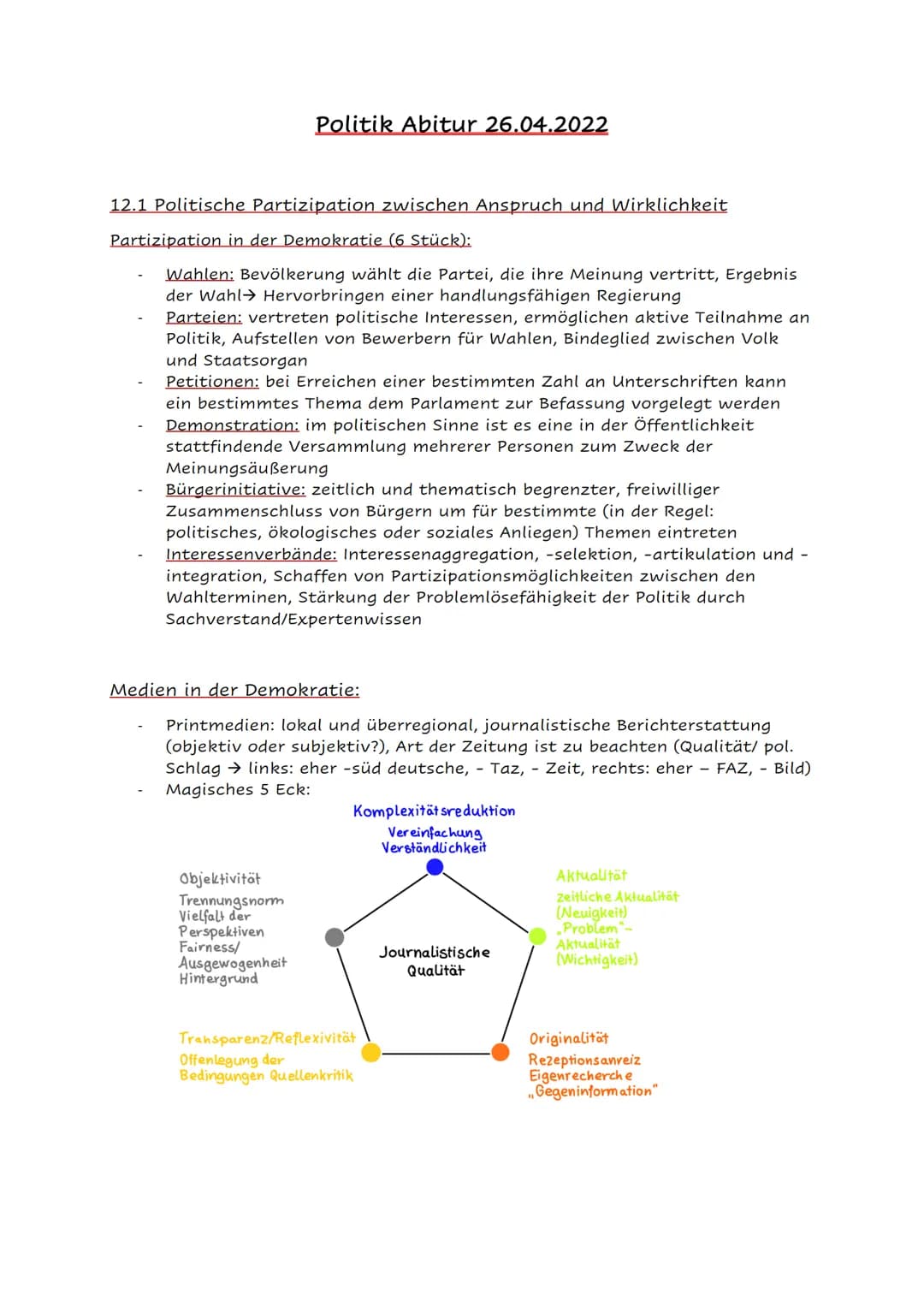 # Politik Abitur 26.04.2022
12.1 Politische Partizipation zwischen Anspruch und Wirklichkeit
Partizipation in der Demokratie (6 Stück):
-