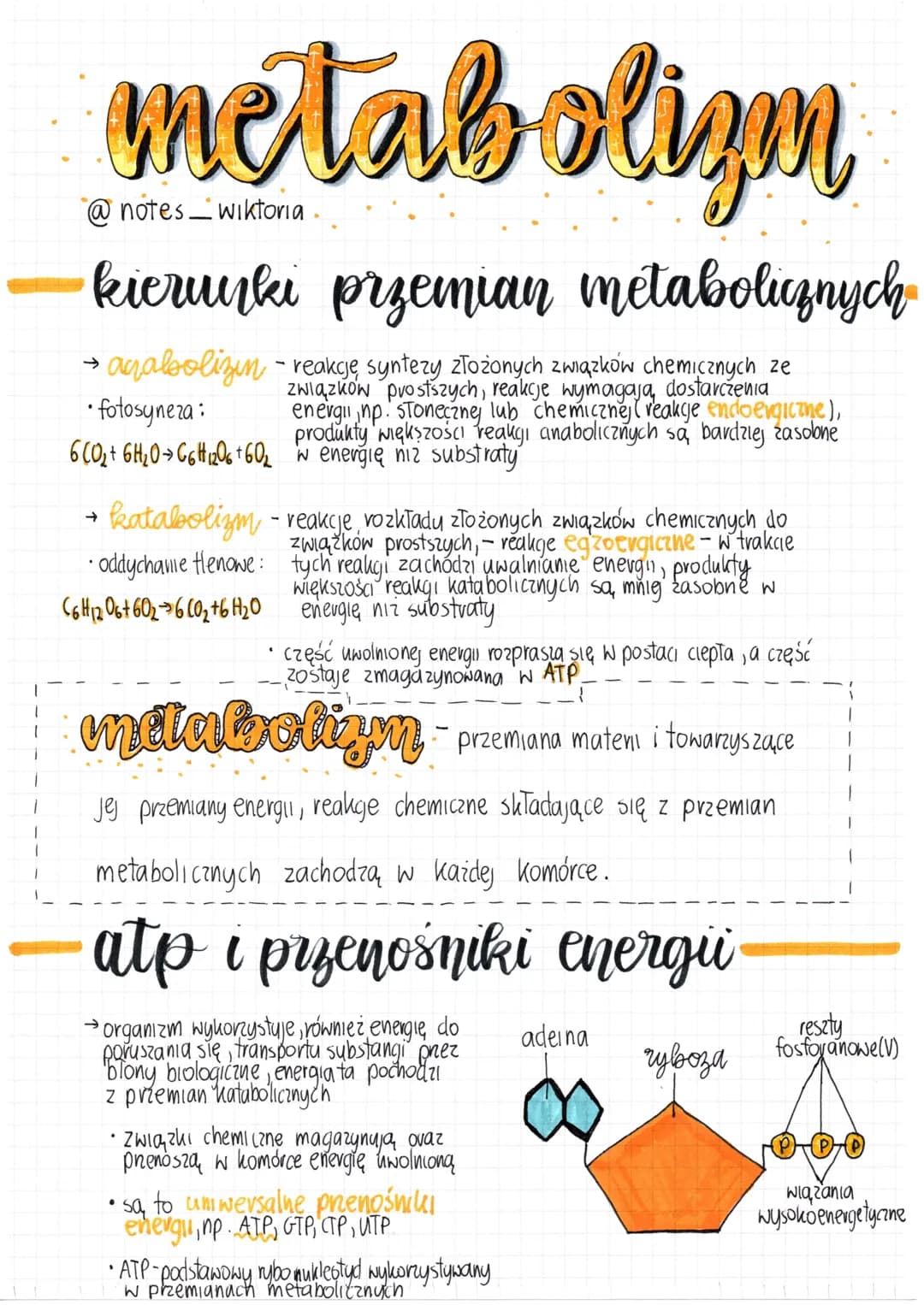 # metabolizm
@notes_wiktoria
# kierunki przemian metabolicznych
→aqabolizin - reakcję, syntezy złożonych związków chemicznych ze
związkow p