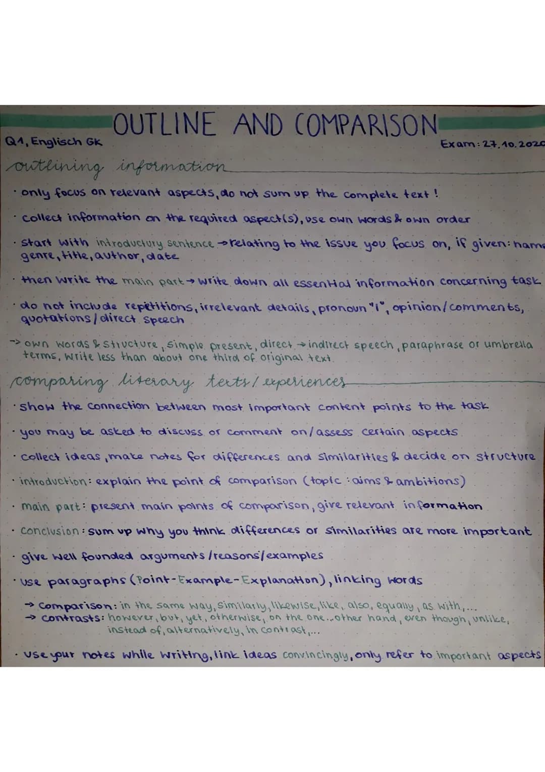 Q1, Englisch GK
# OUTLINE AND COMPARISON
* outlining information
* only focus on relevant aspects, do not sum up the complete text!
Exam