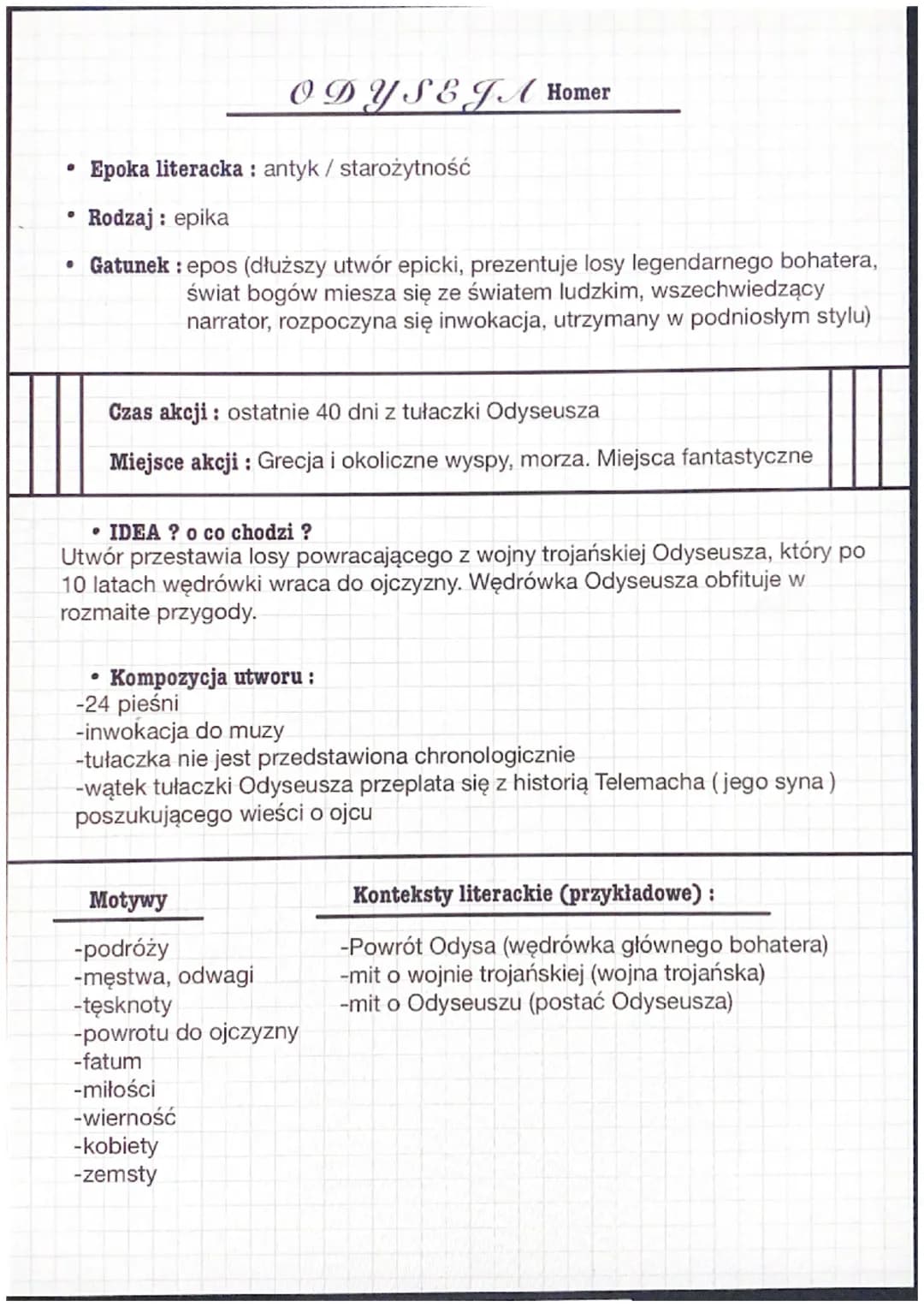 # ODYSEJA Homer
• Epoka literacka: antyk / starożytność
• Rodzaj: epika
• Gatunek: epos (dłuższy utwór epicki, prezentuje losy legendarne