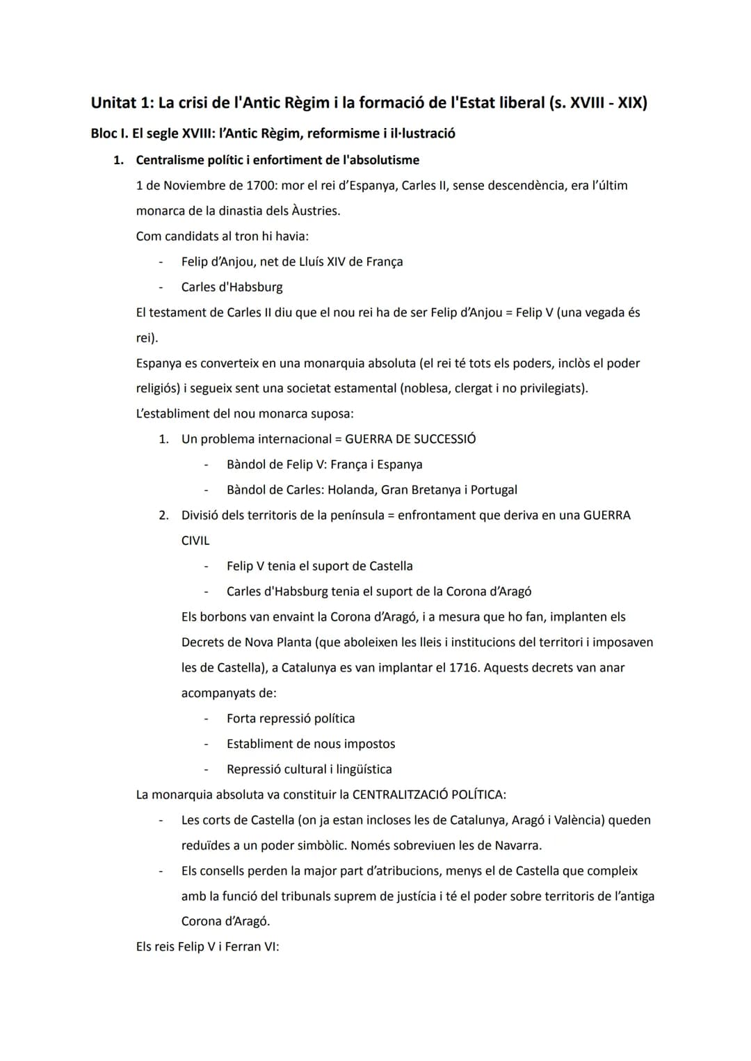 # Unitat 1: La crisi de l'Antic Règim i la formació de l'Estat liberal (s. XVIII - XIX)
Bloc I. El segle XVIII: l'Antic Règim, reformisme i