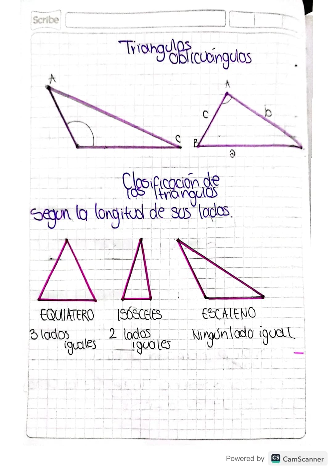 Scribe
# Triangulos
## Oblicuángulos
A
C
C
# Clasificación de
## los Triángulos
segun la longitud de sus lados.
e
EQUILATERO
3 lado