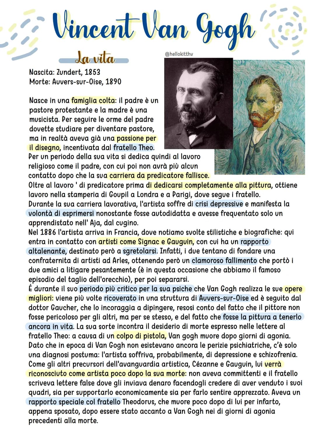 # Vincent Van Gogh
## La vita
Nascita: Zundert, 1853
Morte: Auvers-sur-Oise, 1890
@hellokitthv
Nasce in una famiglia colta: il padre è u