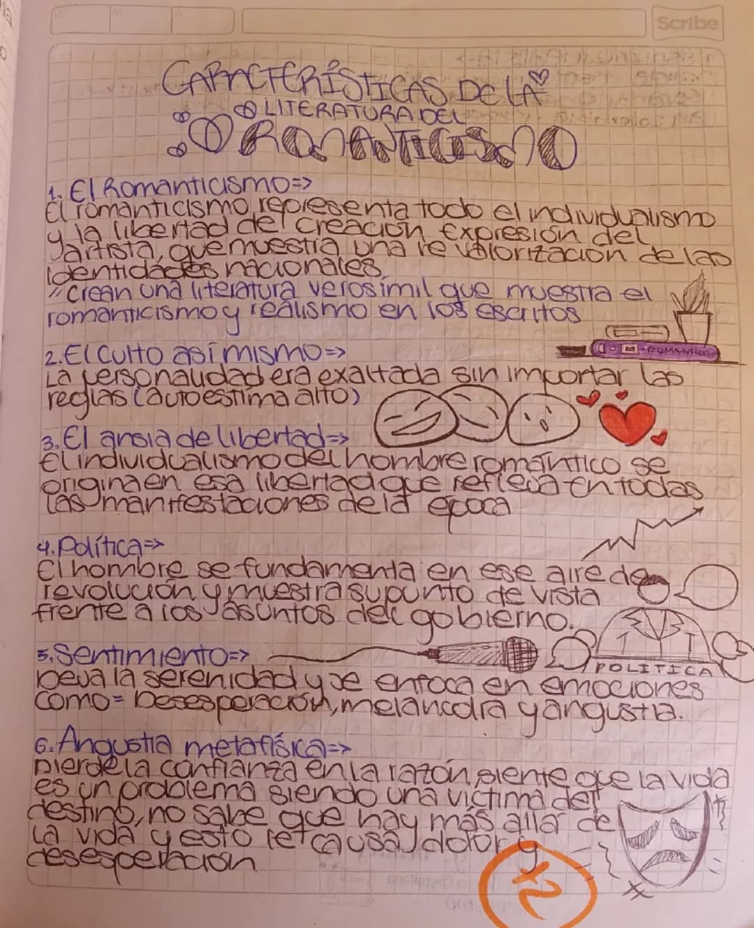 Scribe
18-06-2024-Martes
7.Caracteristicas
lenquave romantico y poético
Idealista y a veces pesimista
Individualidad en lagenio
6. Géneros