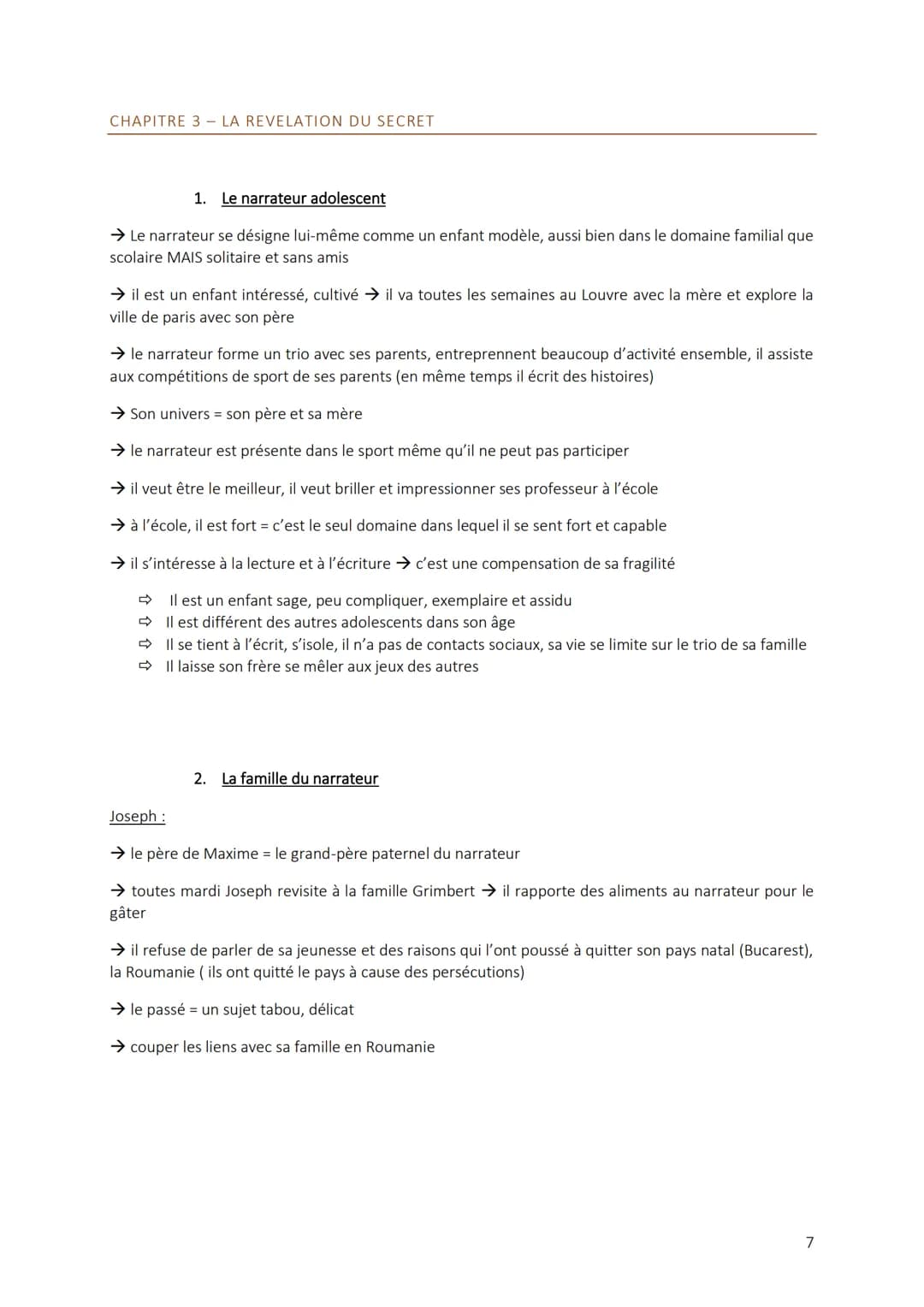 PHILIPPE GRIMBERT: LE SECRET
CHAPITRE 1
1. Le narrateur
→ Fils unique, surprotection du fils → se sent seul, peureuse et triste il pleure
