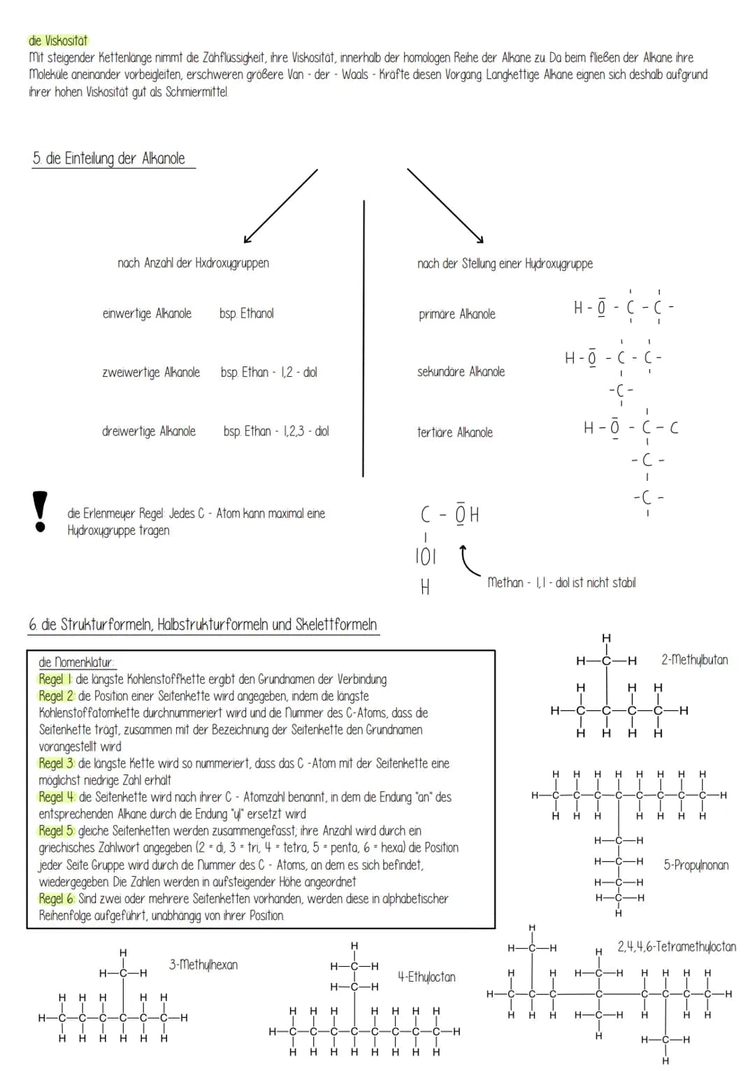 # Zusammenfassung Chemie Klausur
I die verzweigten und unverzweigten Alkane, Alkene, Halogenalkane und Alkanole
Alkane und Alkene:
Alkane