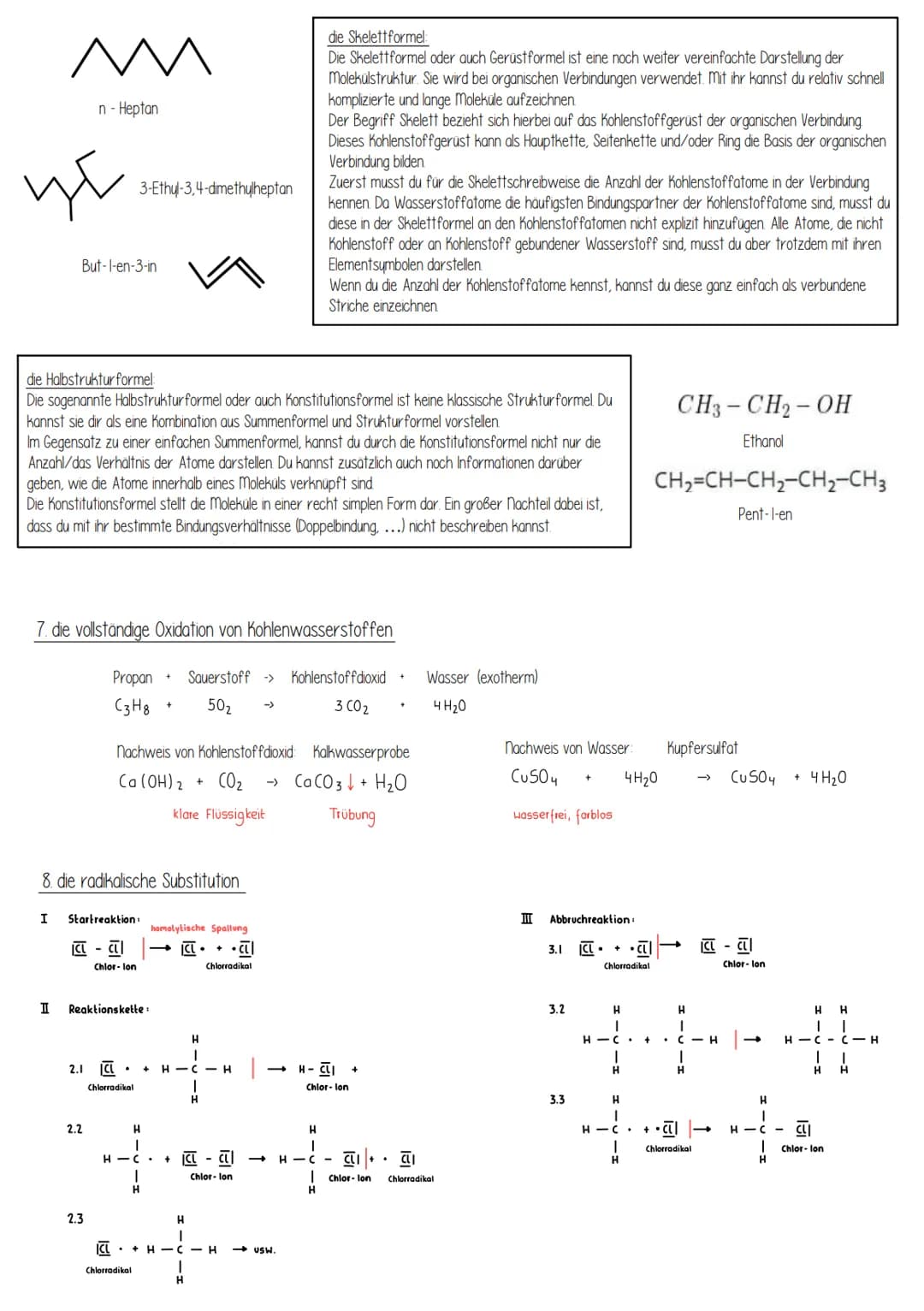 # Zusammenfassung Chemie Klausur
I die verzweigten und unverzweigten Alkane, Alkene, Halogenalkane und Alkanole
Alkane und Alkene:
Alkane