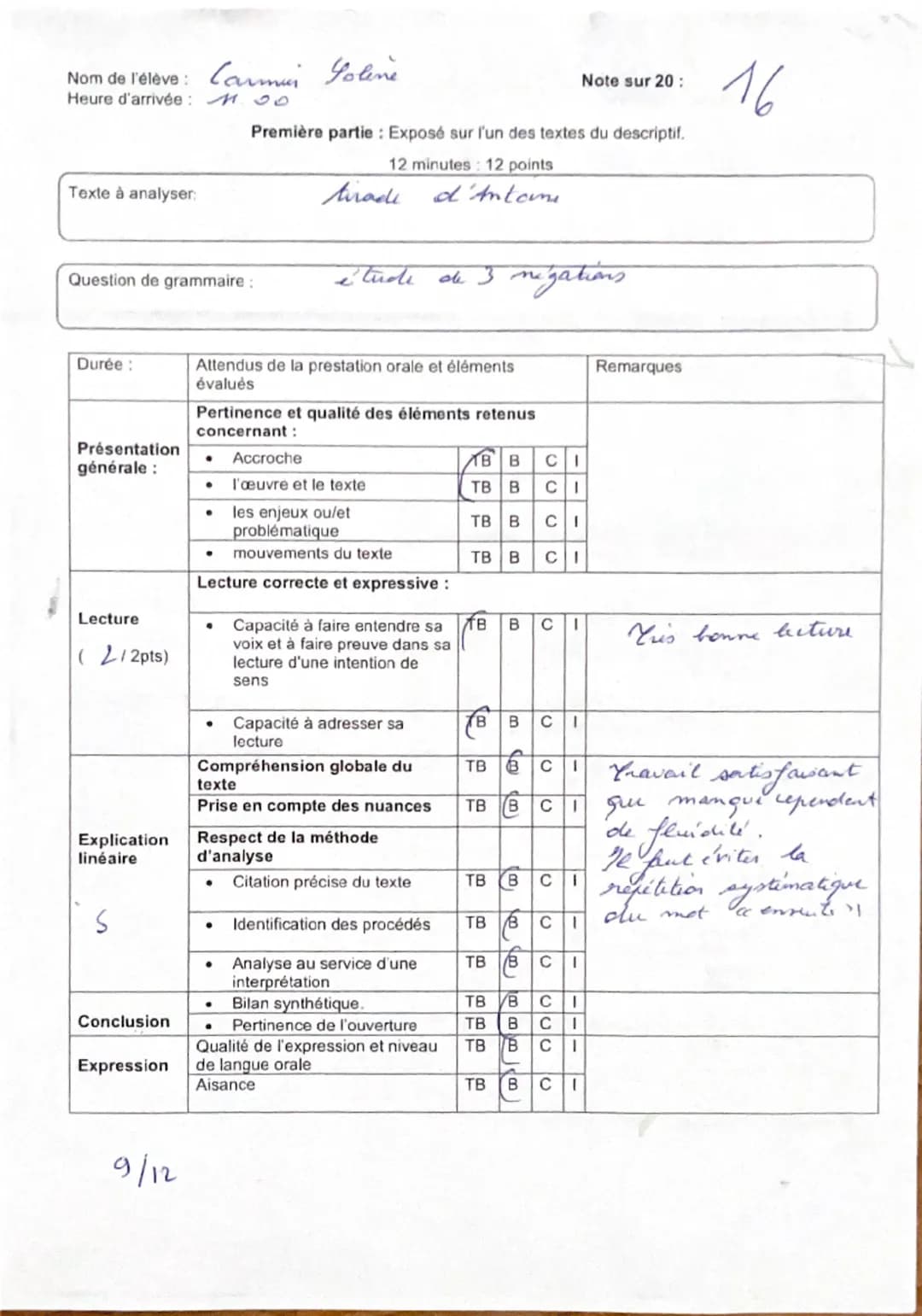 Nom de l'élève: Soline CARMIER
Heure d'arrivée: 11h
Note sur 20: 18/70.
Première partie: Exposé sur l'un des textes du descriptif.
12 minu
