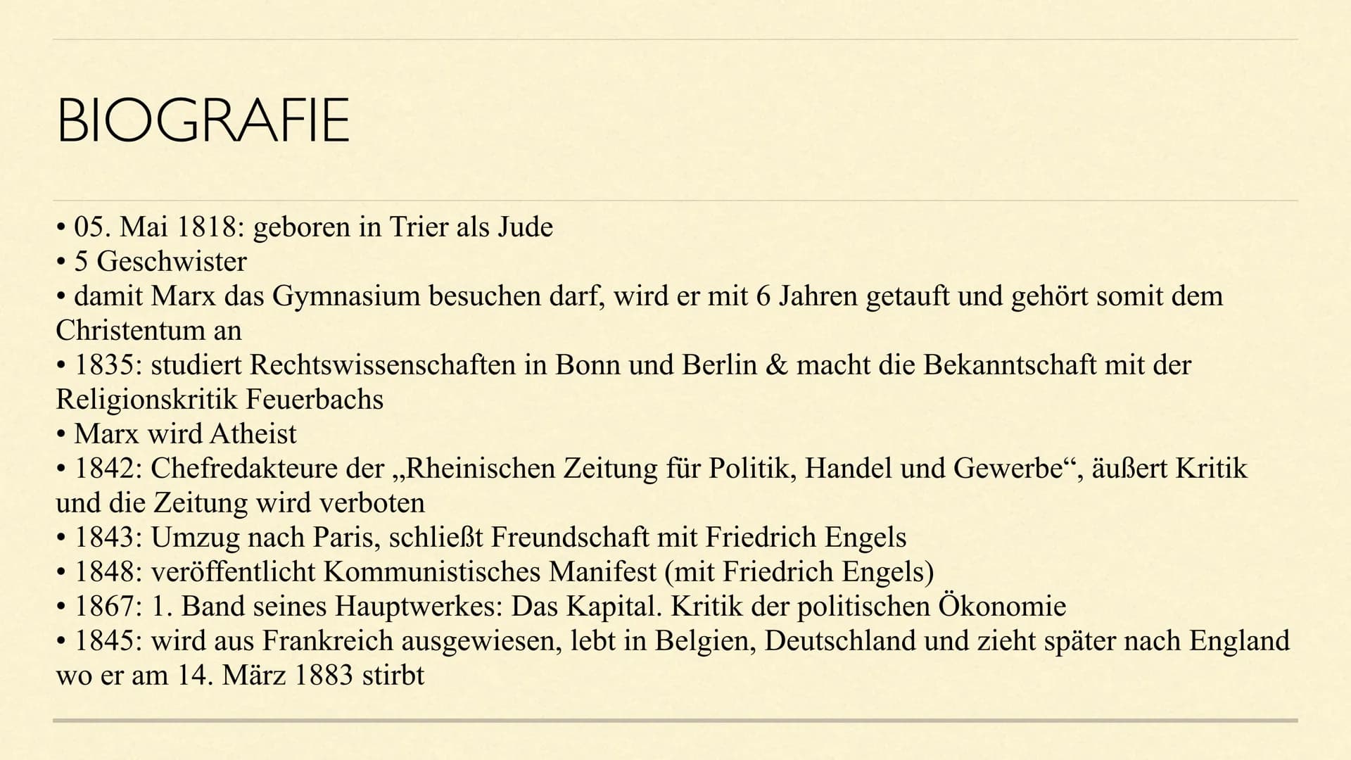 # KARL MARX
Eine Präsentation von Maxima Linde # INHALTSVERZEICHNIS
1. Allgemeine Informationen
1.1 Biografie
2. Historischer Hintergrund