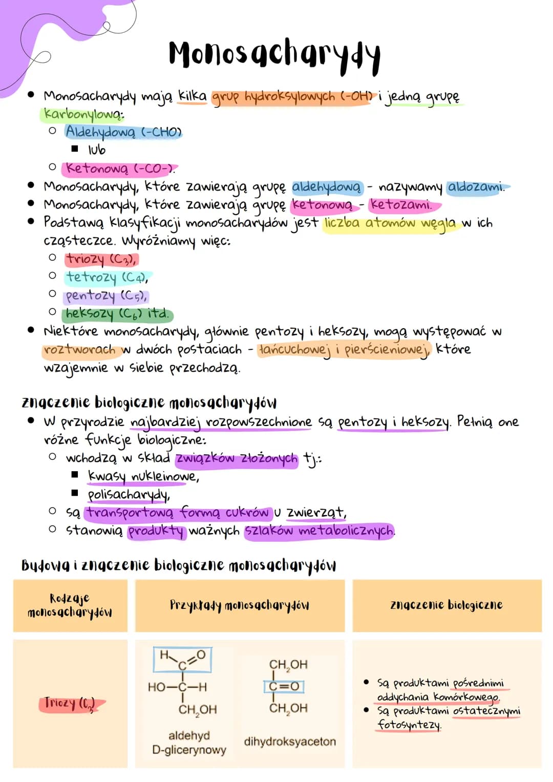 # Monosacharydy
• Monosacharydy mają kilka grup hydroksylowych (-OH) i jedną grupę
karbonylową:
• Aldehydową (-CHO)
• Ketonową (-CO-).
• M