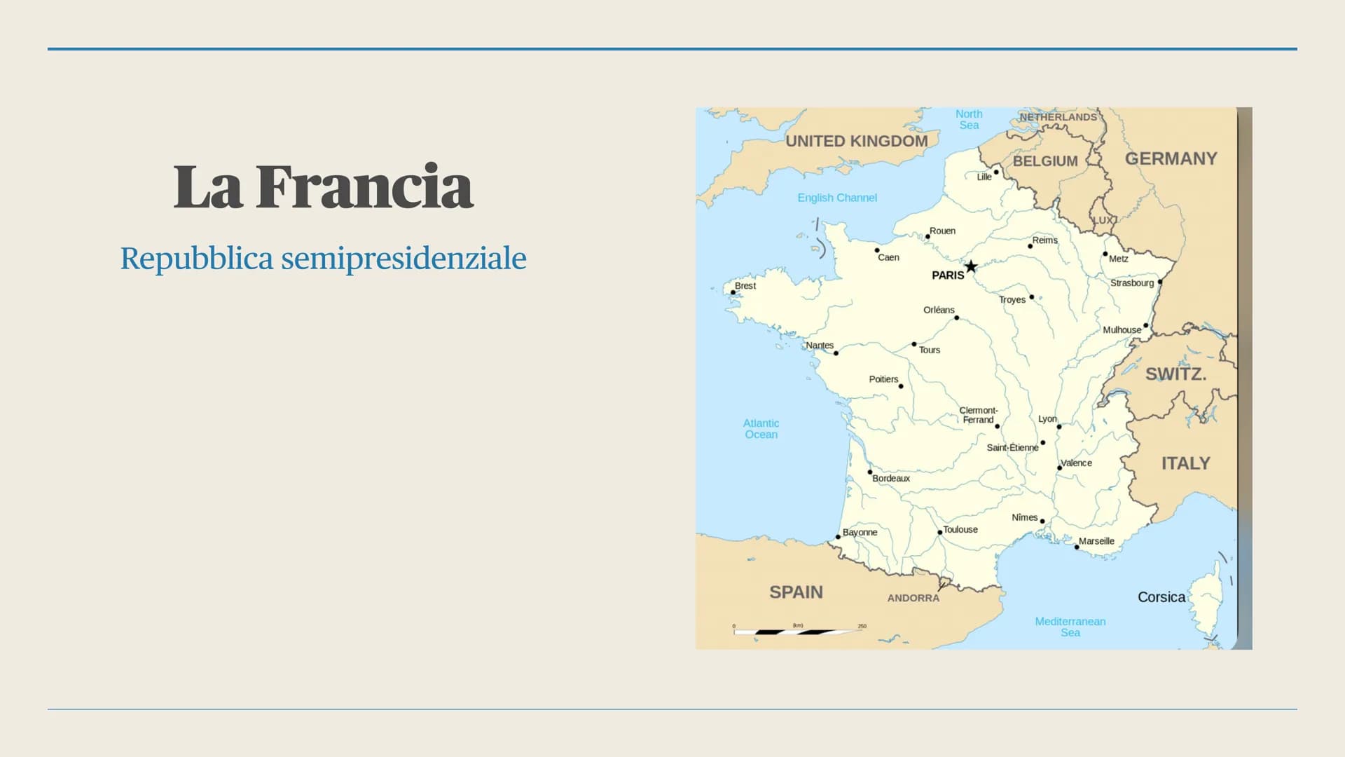<h2>Aspetti politici e geografici</h2>
<p>La Francia è una repubblica semipresidenziale situata nell'Europa occidentale. La lingua ufficial