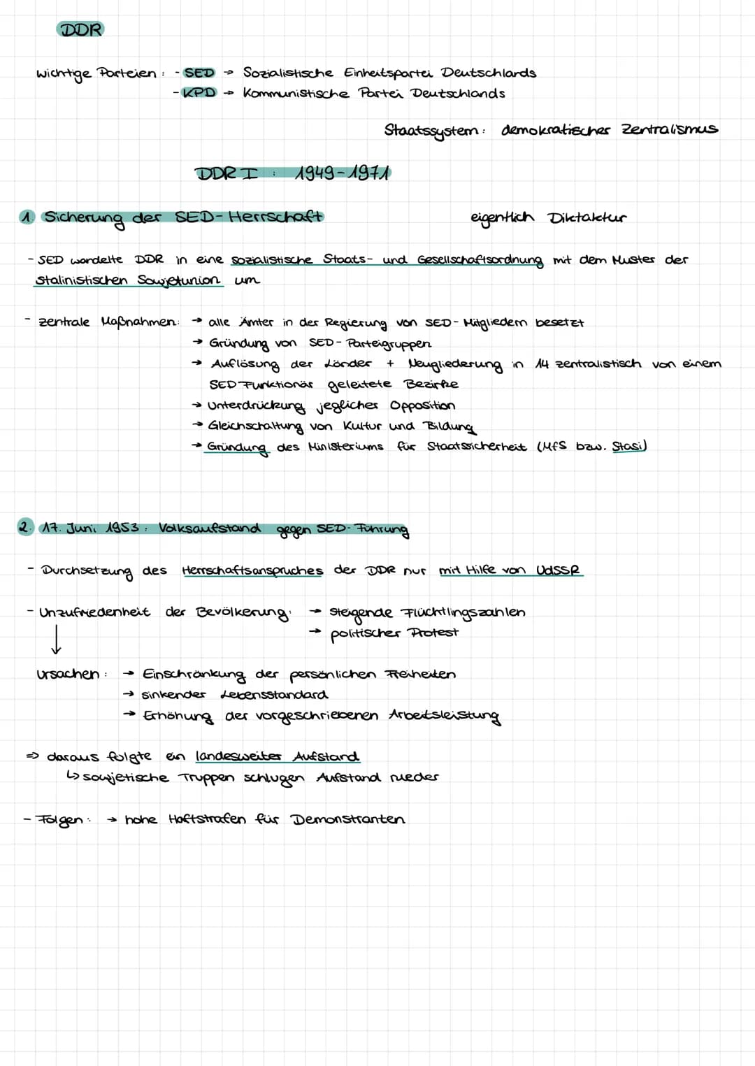 DDR
wichtige Parteien:
- SED → Sozialistische Einheitspartei Deutschlands
- KPD → Kommunistische Partei Deutschlands
Staatssystem: demokra