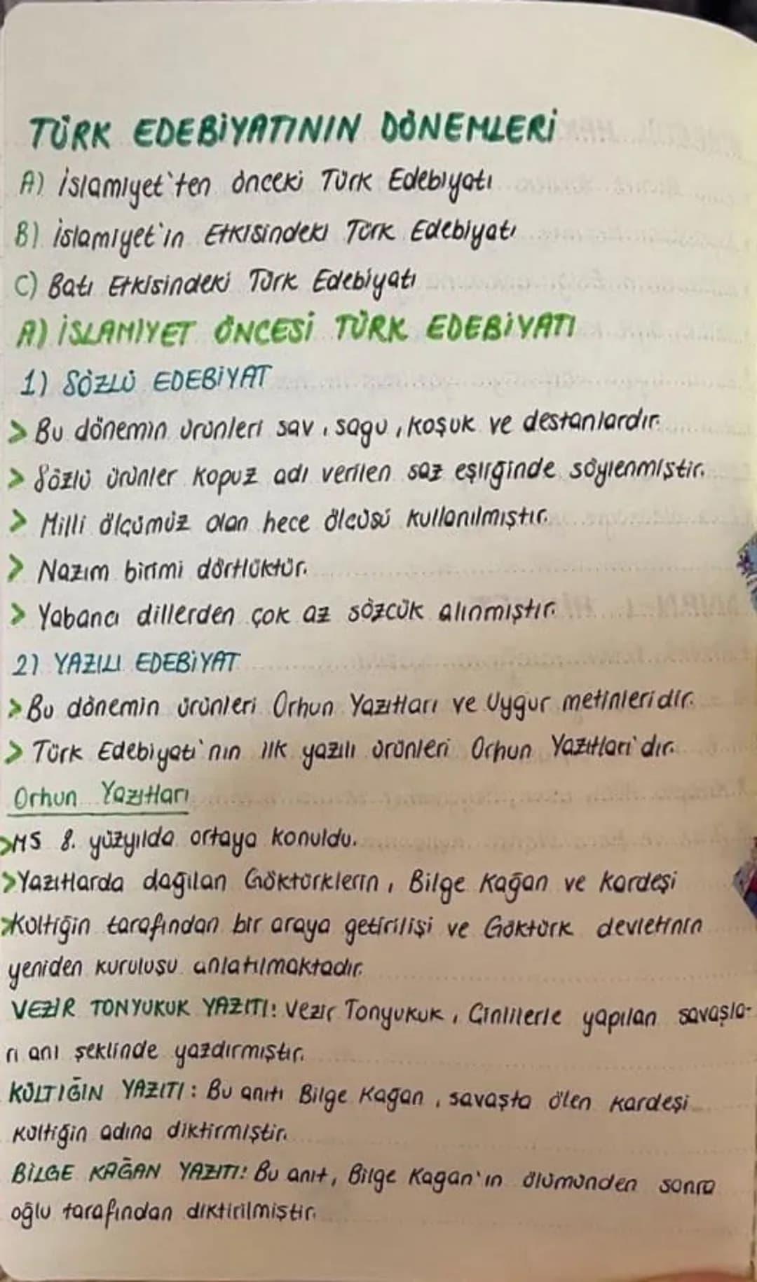 # TÜRK EDEBİYATININ DÖNEMLERİ
A) İslamiyet'ten önceki Türk Edebiyatı
8) İslamiyet'in Etkisindeki Türk Edebiyatı
C) Batı Etkisindeki Turk