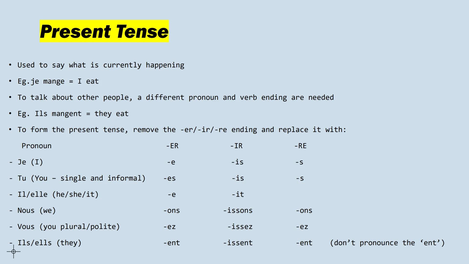 # Tenses
French GCSE # Infinitives
* To do something
* Eg. To eat = manger
* The infinitives end in -er, -ir, and -re
* Eg. Finir