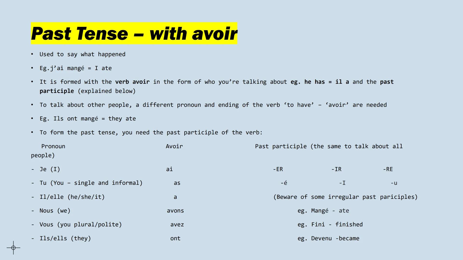 # Tenses
French GCSE # Infinitives
* To do something
* Eg. To eat = manger
* The infinitives end in -er, -ir, and -re
* Eg. Finir