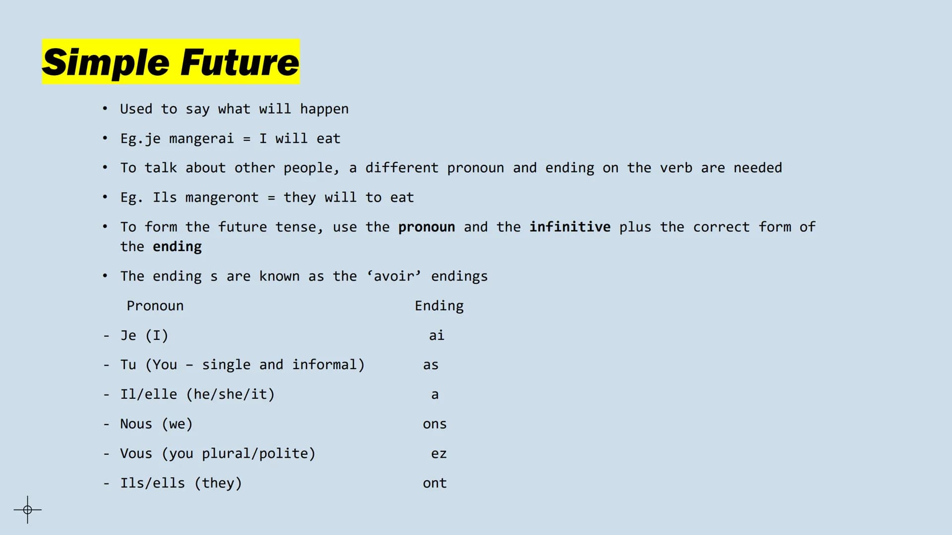 # Tenses
French GCSE # Infinitives
* To do something
* Eg. To eat = manger
* The infinitives end in -er, -ir, and -re
* Eg. Finir