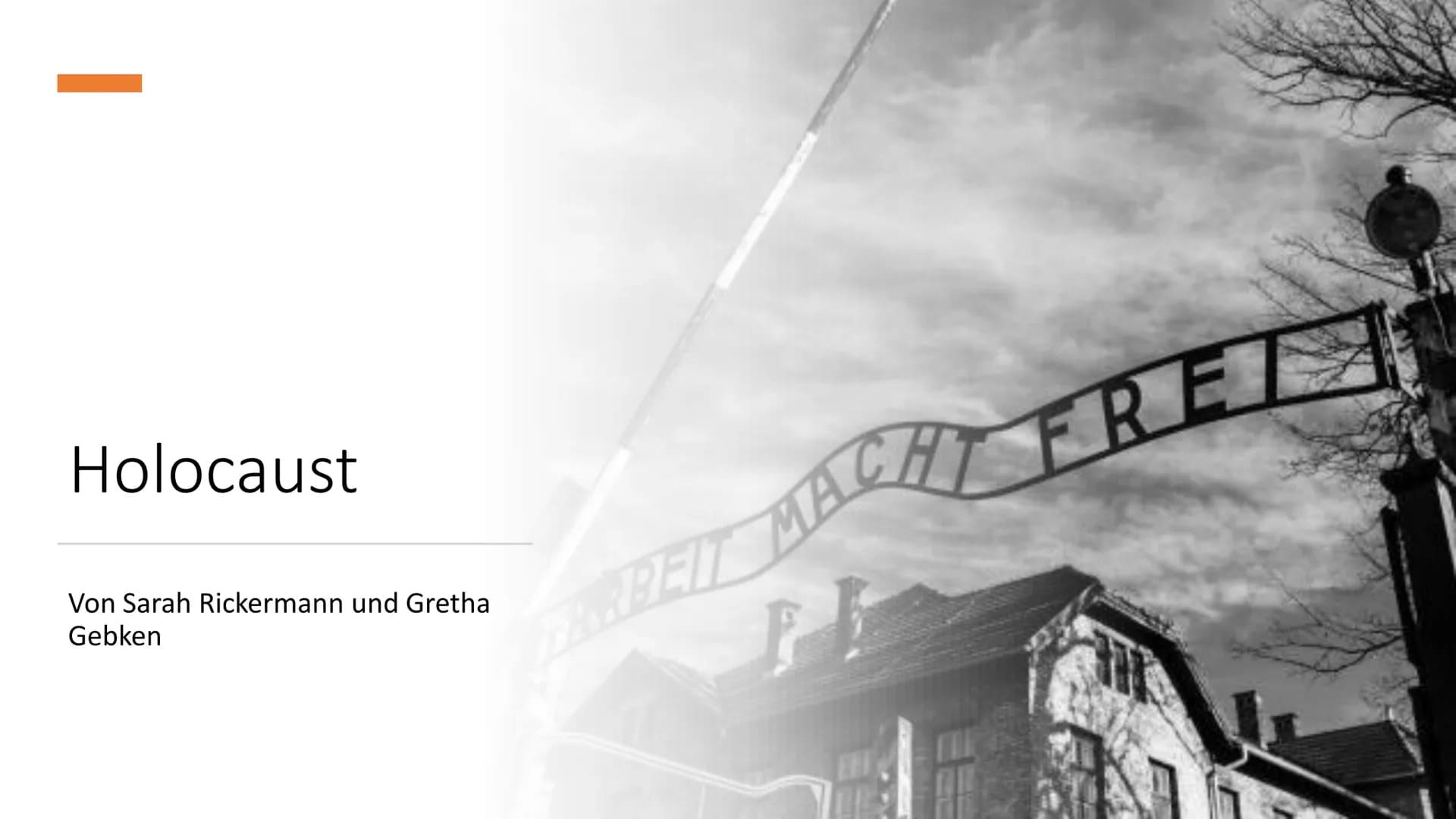# Holocaust
Von Sarah Rickermann und Gretha Gebken - Was ist Holocaust?
- Ablauf des Holocaustes
- Opfergruppen
Gliederung - Gaskammern
- R