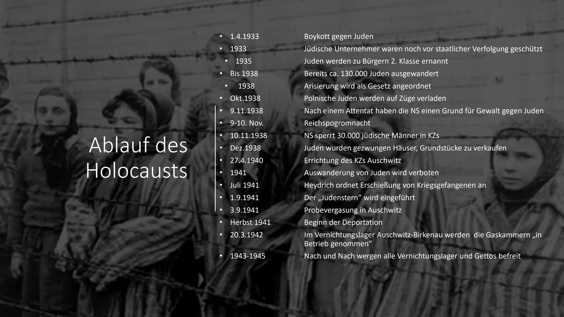 # Holocaust
Von Sarah Rickermann und Gretha Gebken - Was ist Holocaust?
- Ablauf des Holocaustes
- Opfergruppen
Gliederung - Gaskammern
- R