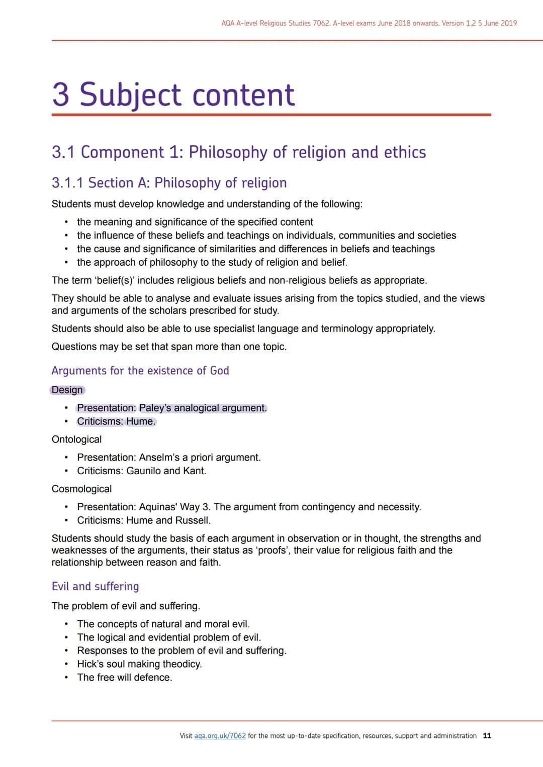 # The Design Argument
WILLIAM PALEY AQA A-level Religious Studies 7062. A-level exams June 2018 onwards, Version 1.2 5 June 2019
# 3 Subje